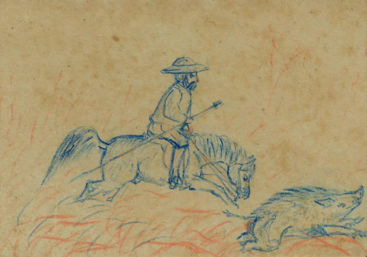 Anon., Indian Pig-sticking Boar Hunt Sport, The Buffs Regiment – 1873 pastel drawing