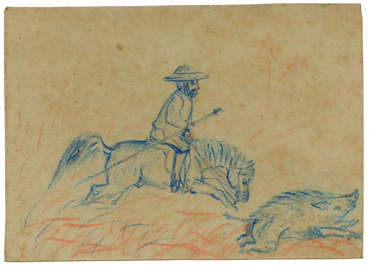 Anon., Indian Pig-sticking Boar Hunt Sport, The Buffs Regiment – 1873 pastel drawing