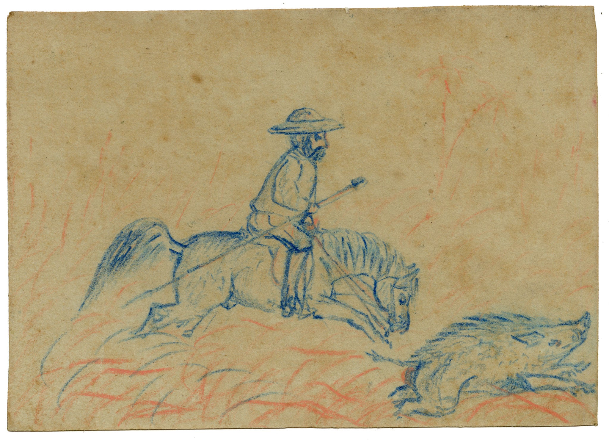 Anon., Indian Pig-sticking Boar Hunt Sport, The Buffs Regiment – 1873 pastel drawing