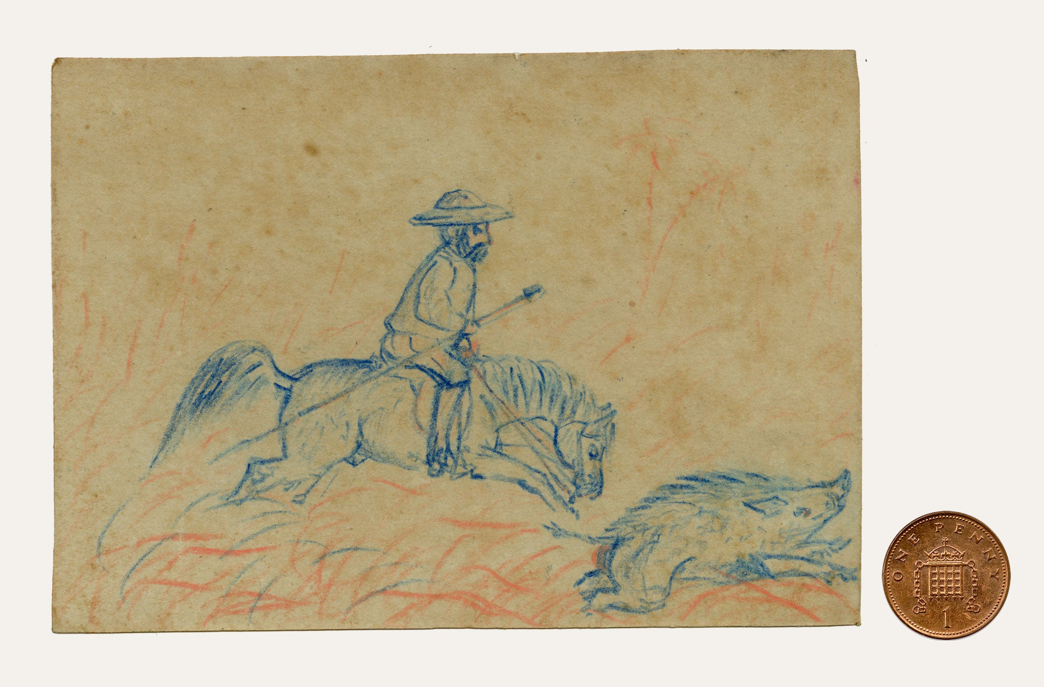 Anon., Indian Pig-sticking Boar Hunt Sport, The Buffs Regiment – 1873 pastel drawing