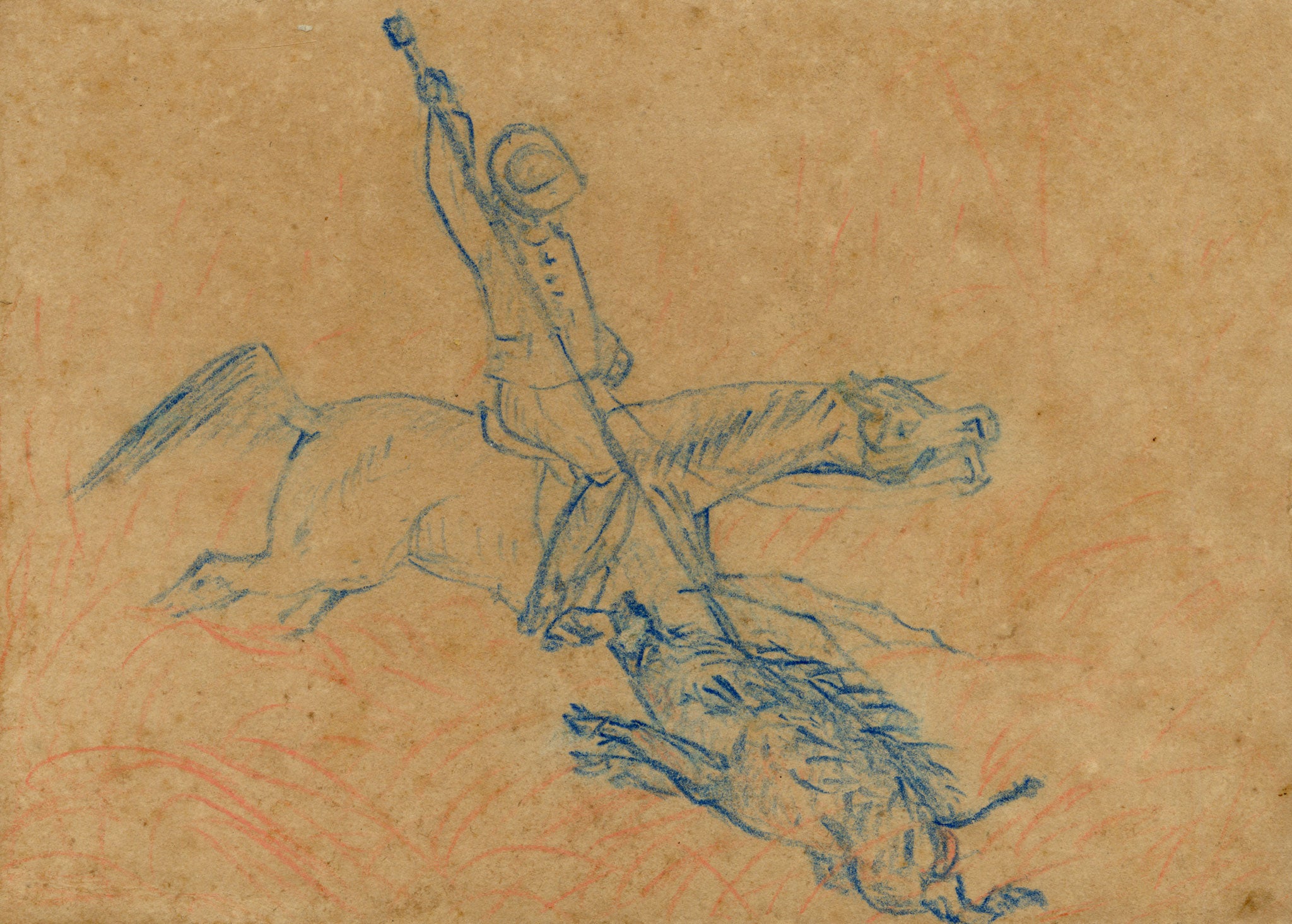 Anon., Indian Pig-sticking Boar Hunt Sport, The Buffs Regiment – 1873 pastel drawing