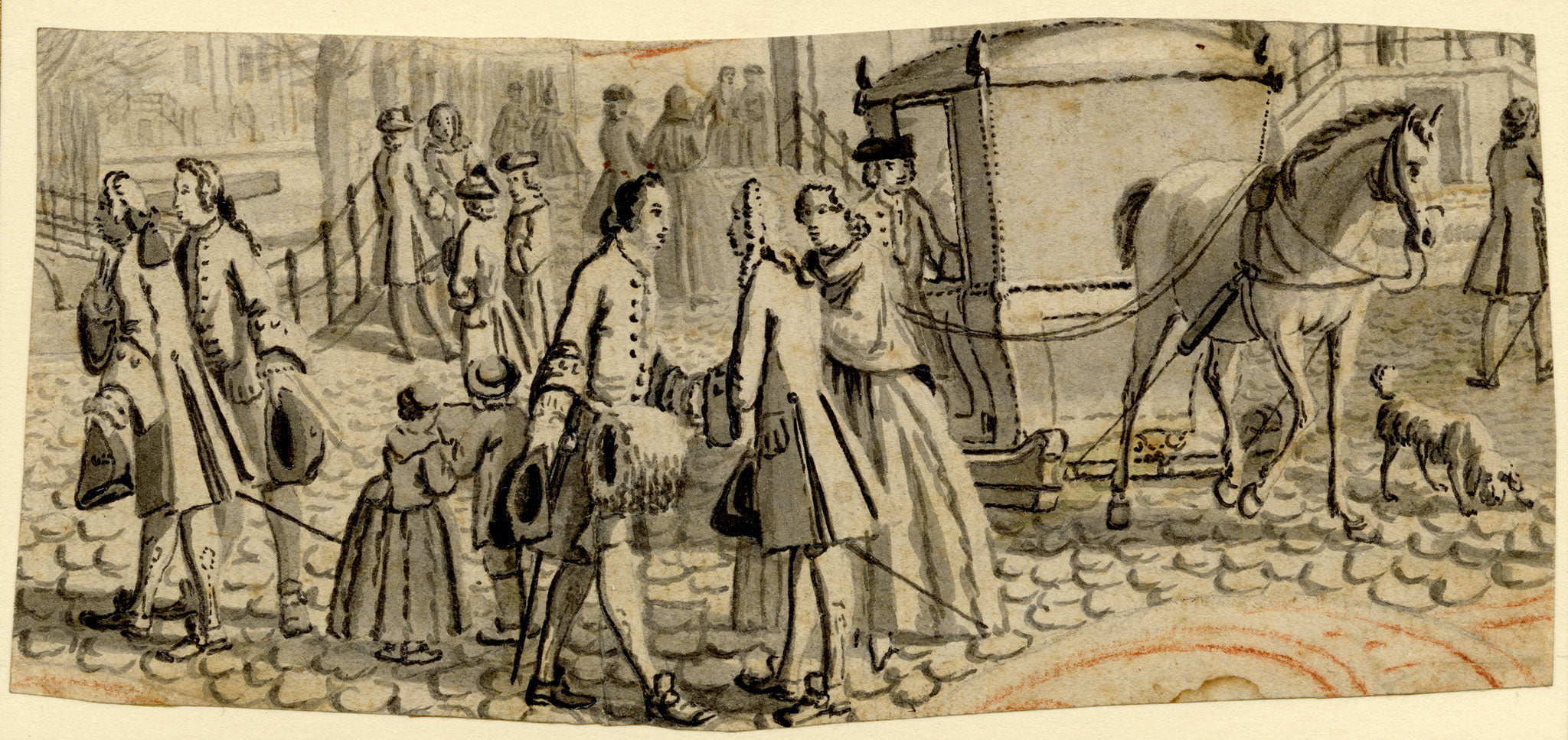 Attrib. Reinier Vinkeles, Amsterdam Street Scene with Horse Sleigh – 18th-century watercolour painting