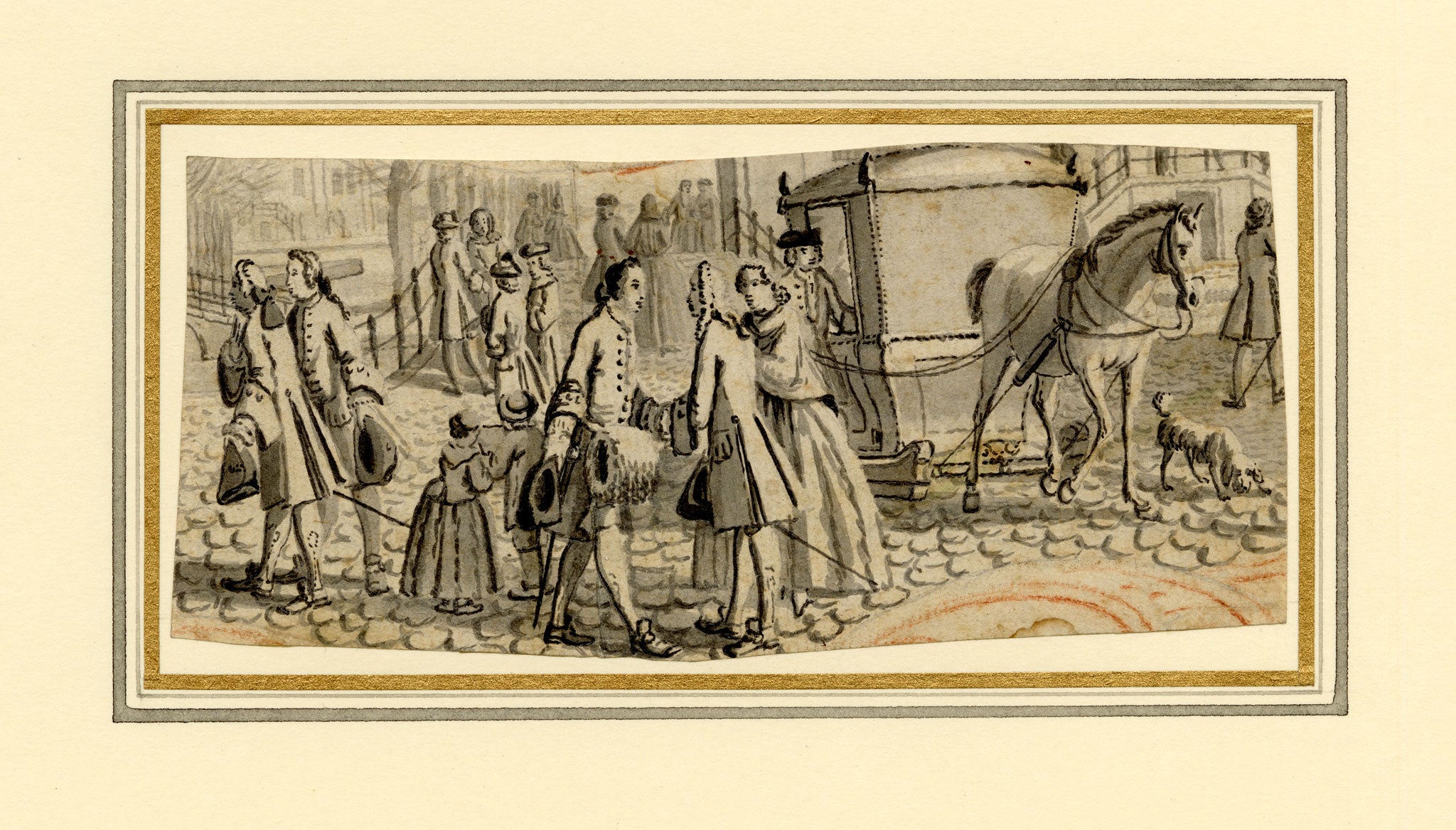 Attrib. Reinier Vinkeles, Amsterdam Street Scene with Horse Sleigh – 18th-century watercolour painting