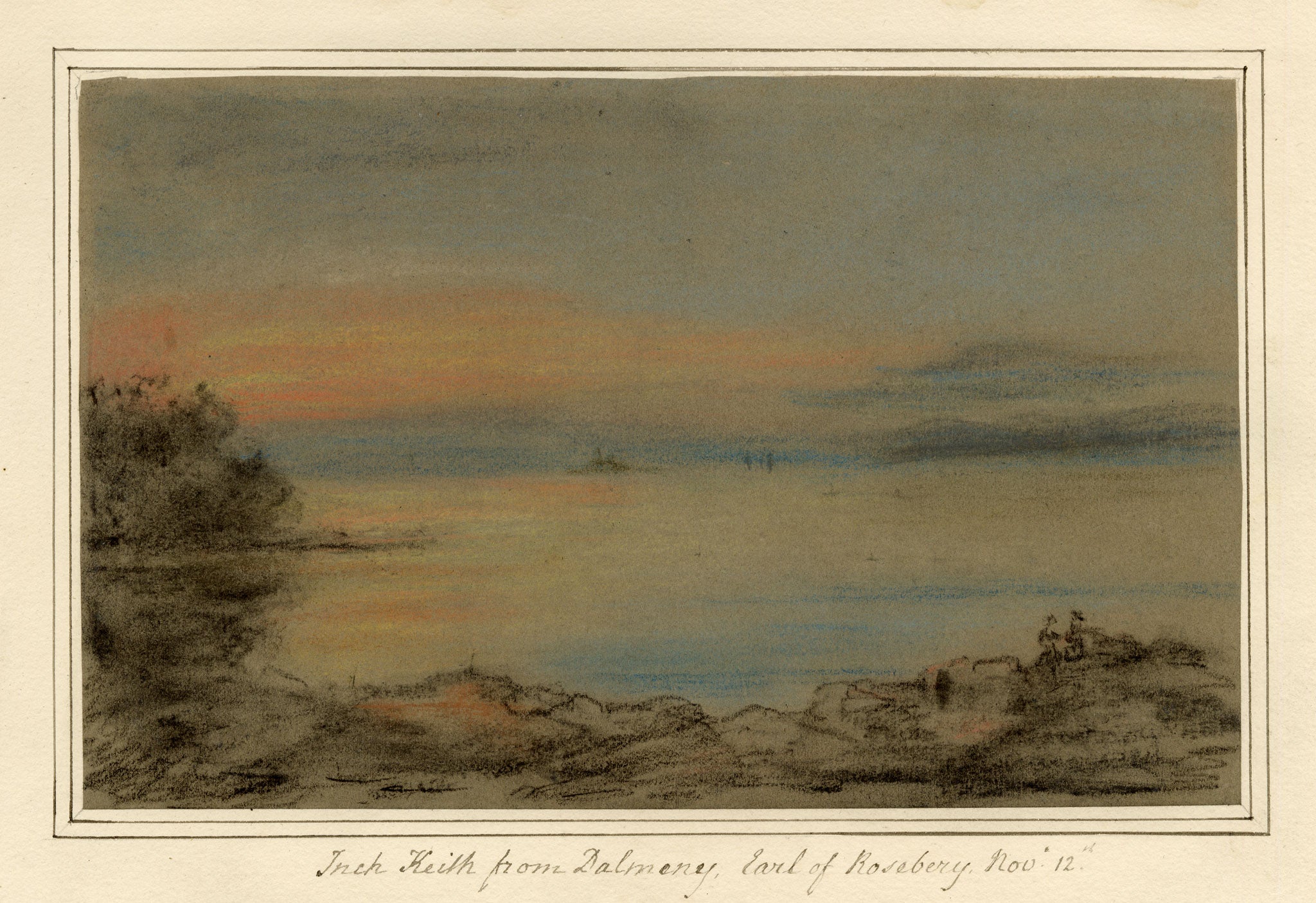 Mary Ann J. Thynne, Inch Keith from Dalmeny, Earl of Rosebery, Firth of Forth, Scotland – 1837 pastel drawing
