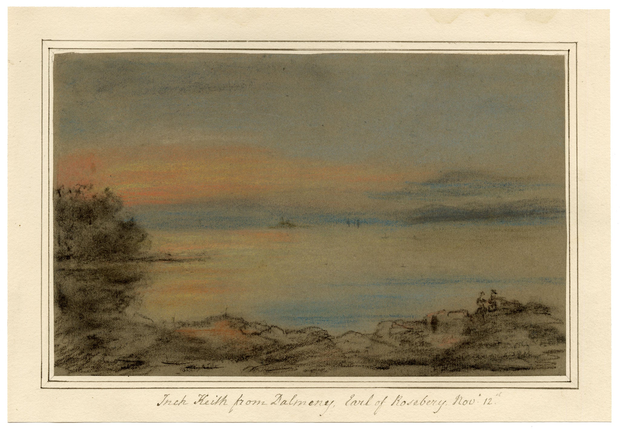 Mary Ann J. Thynne, Inch Keith from Dalmeny, Earl of Rosebery, Firth of Forth, Scotland – 1837 pastel drawing