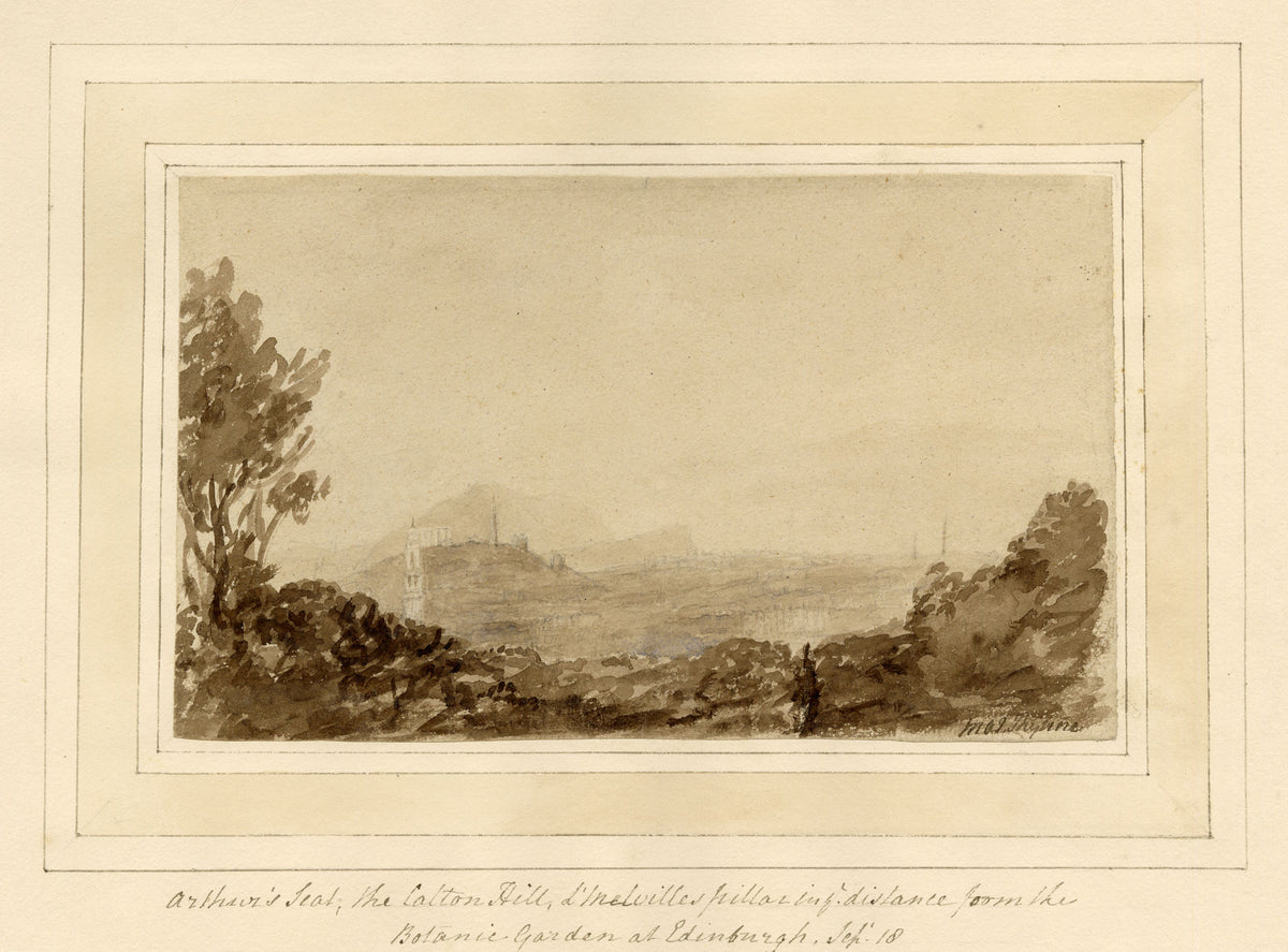Mary Ann J. Thynne, Arthur's Seat & Calton Hill from the Botanic Garden at Edinburgh, Scotland – 1837 watercolour painting