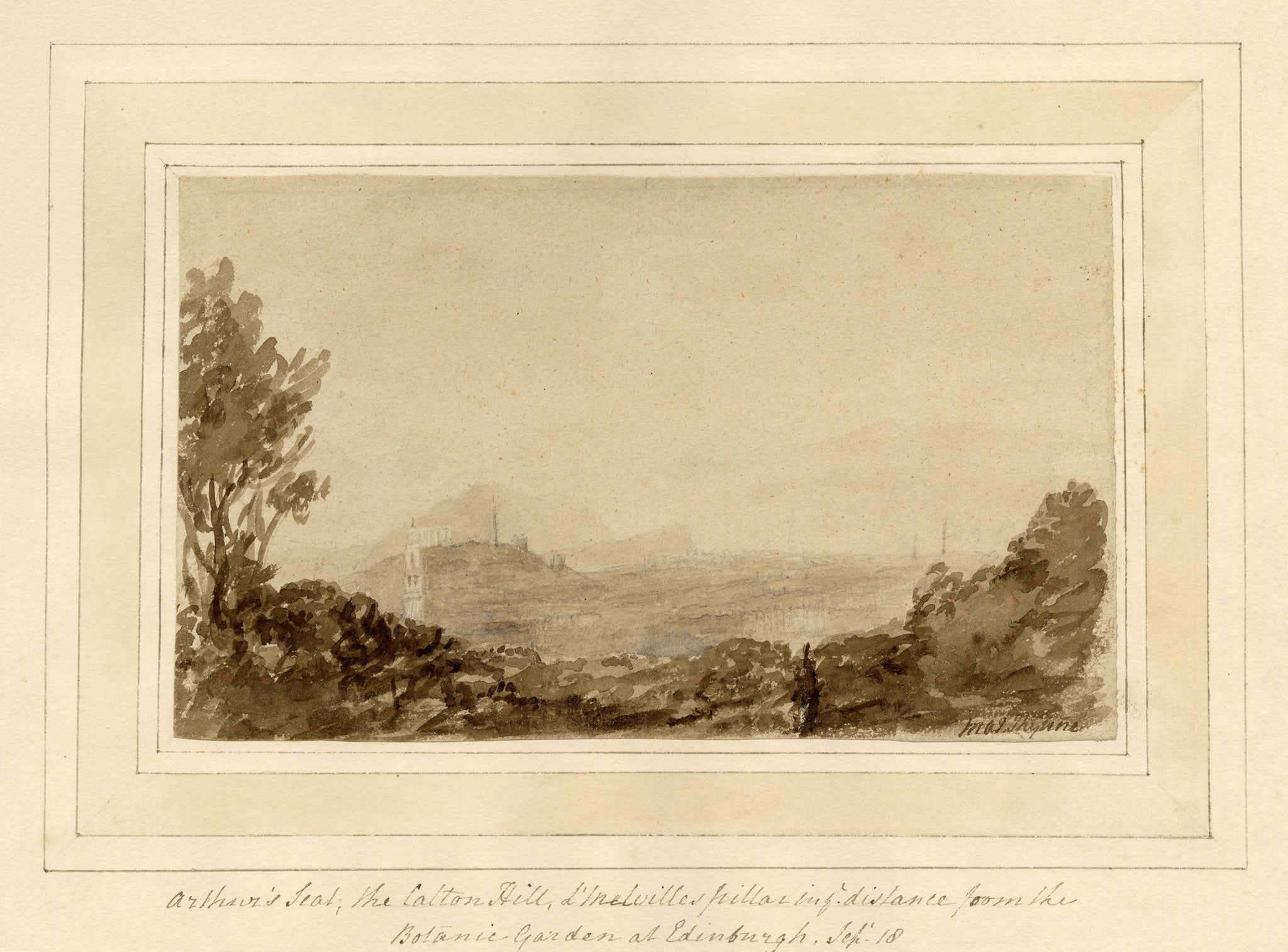 Mary Ann J. Thynne, Arthur's Seat & Calton Hill from the Botanic Garden at Edinburgh, Scotland – 1837 watercolour painting