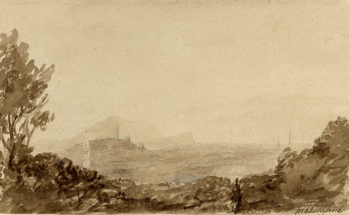 Mary Ann J. Thynne, Arthur's Seat & Calton Hill from the Botanic Garden at Edinburgh, Scotland – 1837 watercolour painting