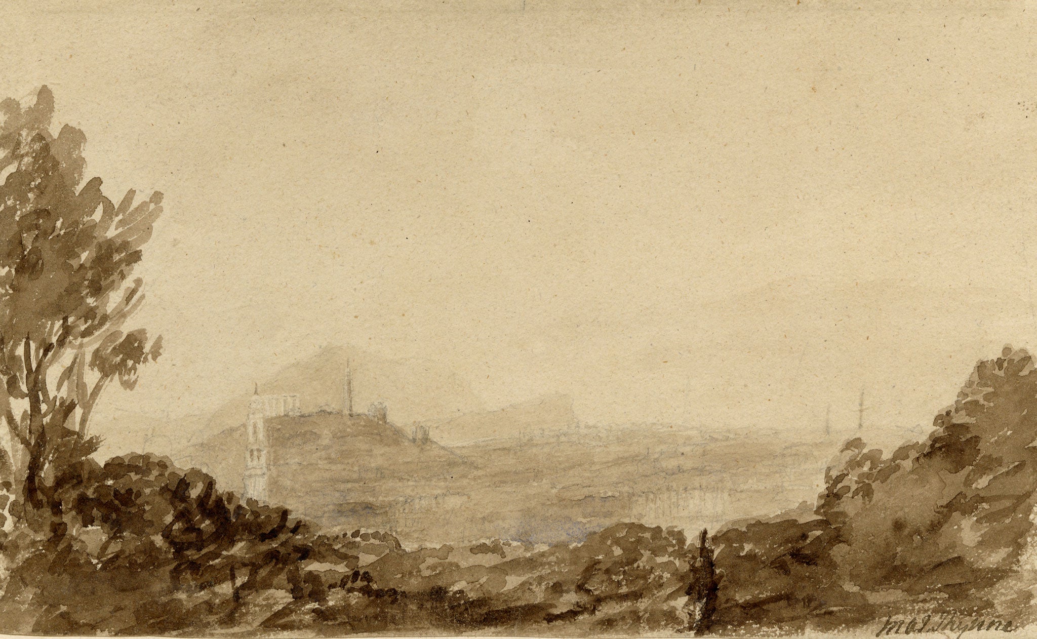 Mary Ann J. Thynne, Arthur's Seat & Calton Hill from the Botanic Garden at Edinburgh, Scotland – 1837 watercolour painting