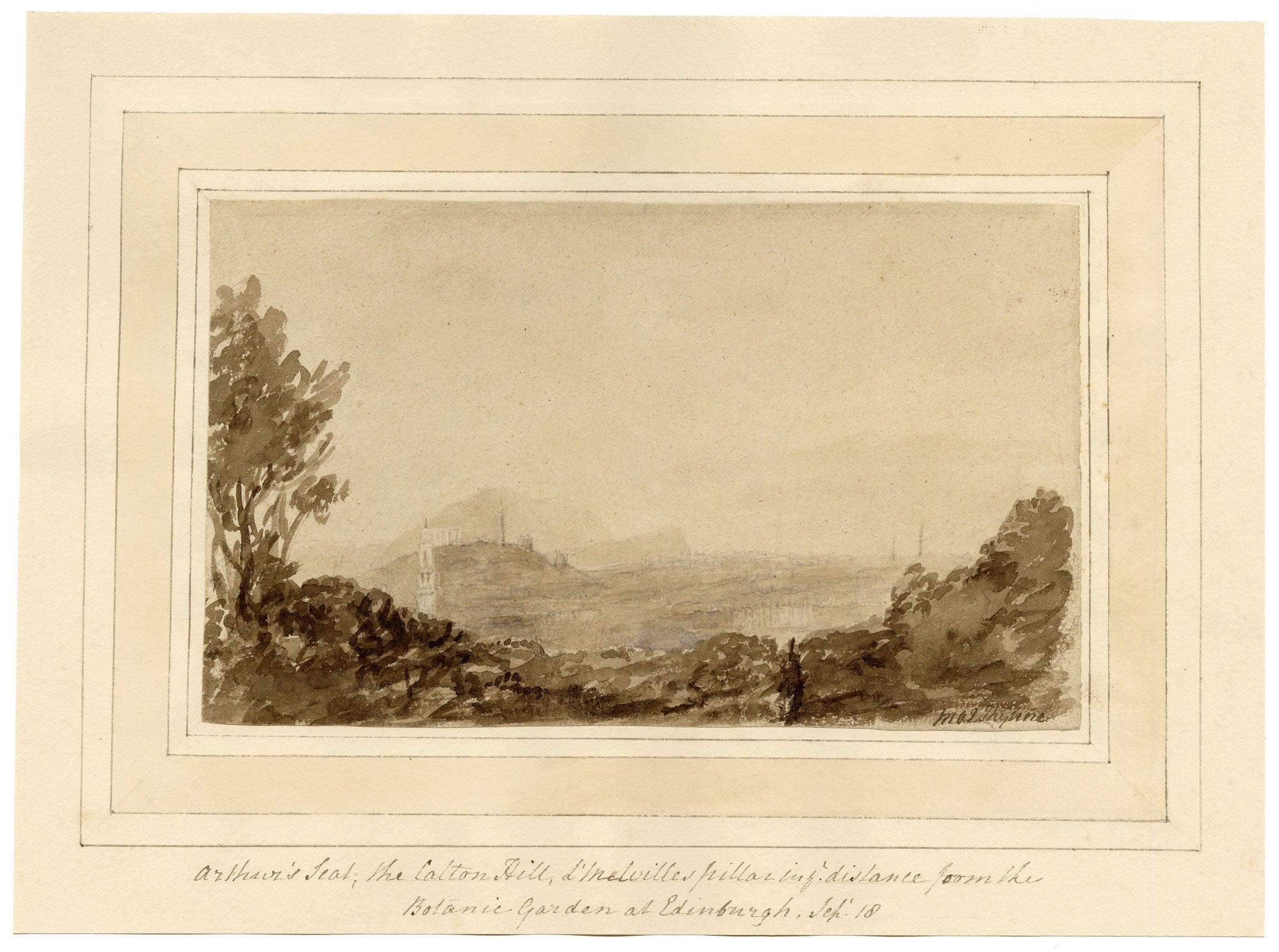 Mary Ann J. Thynne, Arthur's Seat & Calton Hill from the Botanic Garden at Edinburgh, Scotland – 1837 watercolour painting