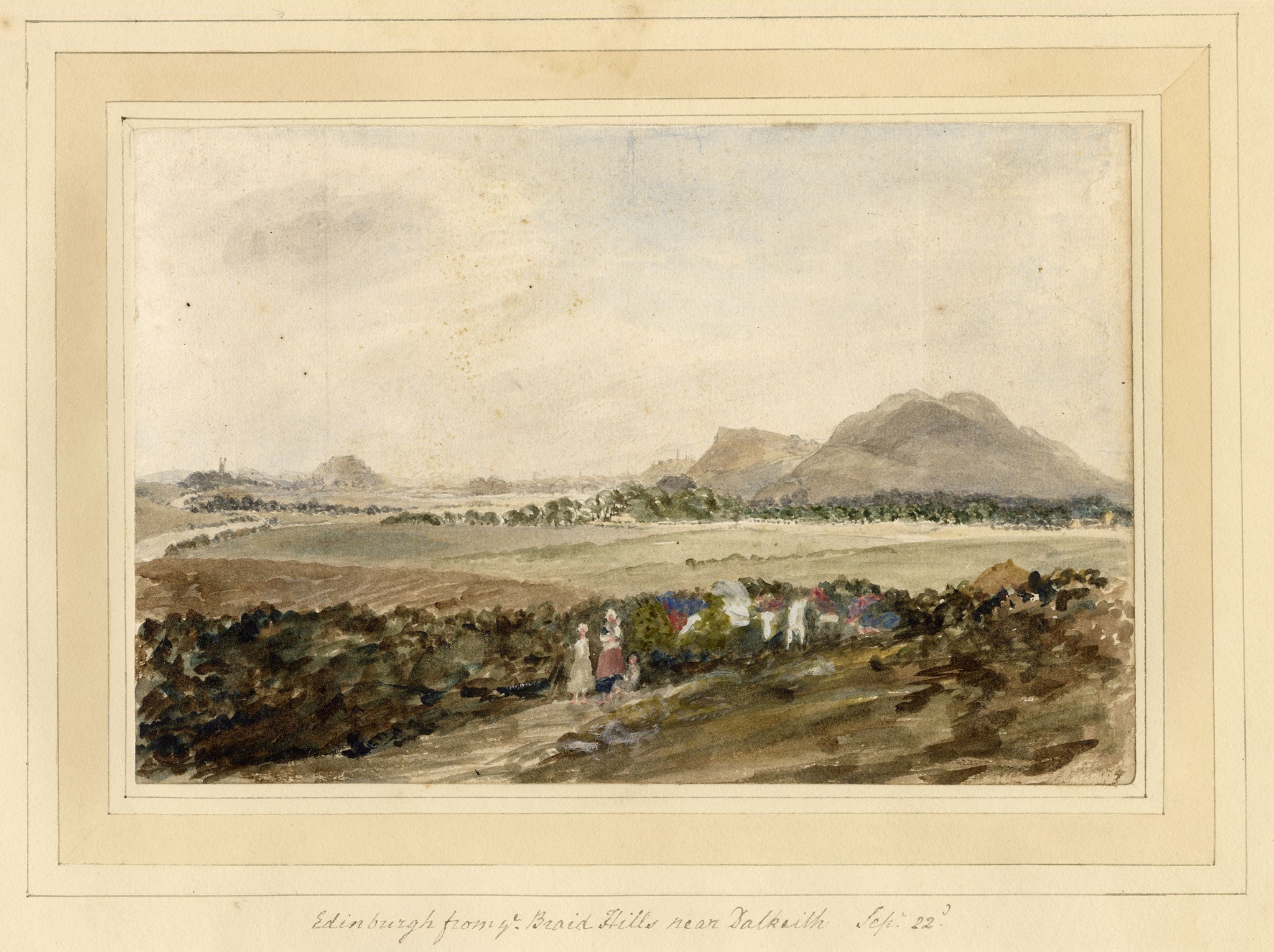 Mary Ann J. Thynne, Edinburgh from the Braid Hills near Dalkeith, Scotland – 1837 watercolour painting
