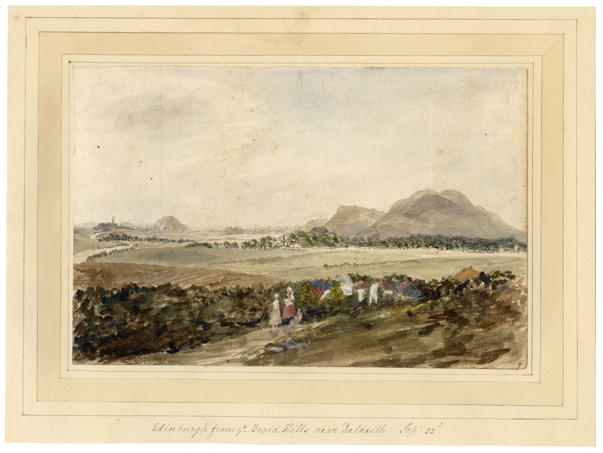 Mary Ann J. Thynne, Edinburgh from the Braid Hills near Dalkeith, Scotland – 1837 watercolour painting