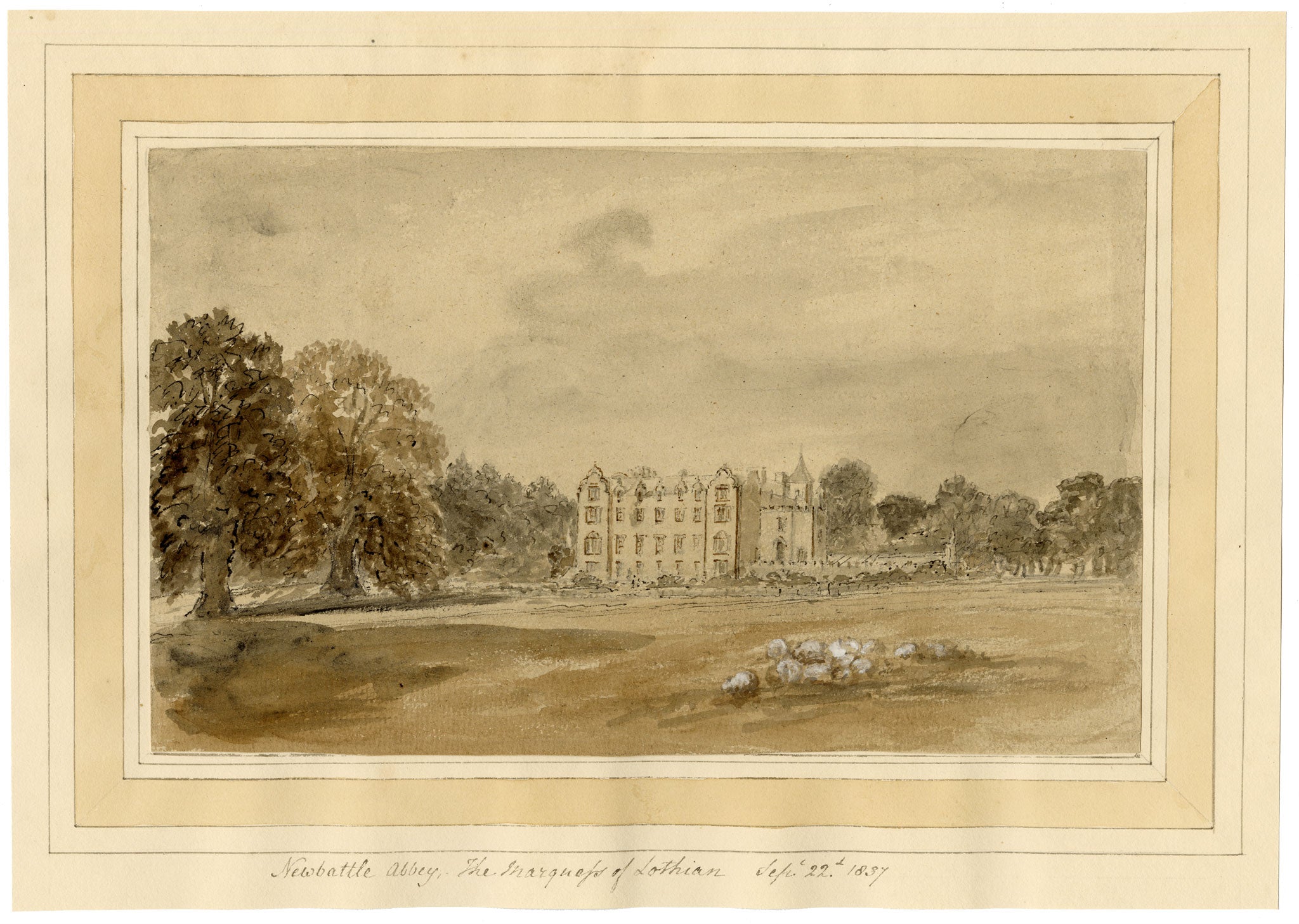 Mary Ann J. Thynne, Newbattle Abbey, The Marquess of Lothian, Scotland – 1837 watercolour painting