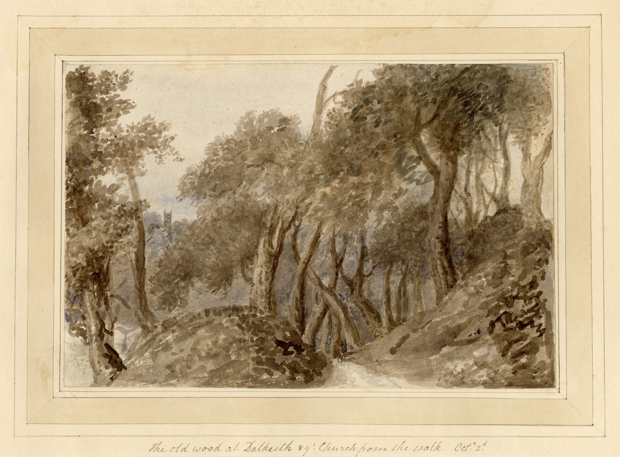 Mary Ann J. Thynne, The Old Wood at Dalkeith & the Church from the Walk, Midlothian, Scotland – 1837 watercolour painting