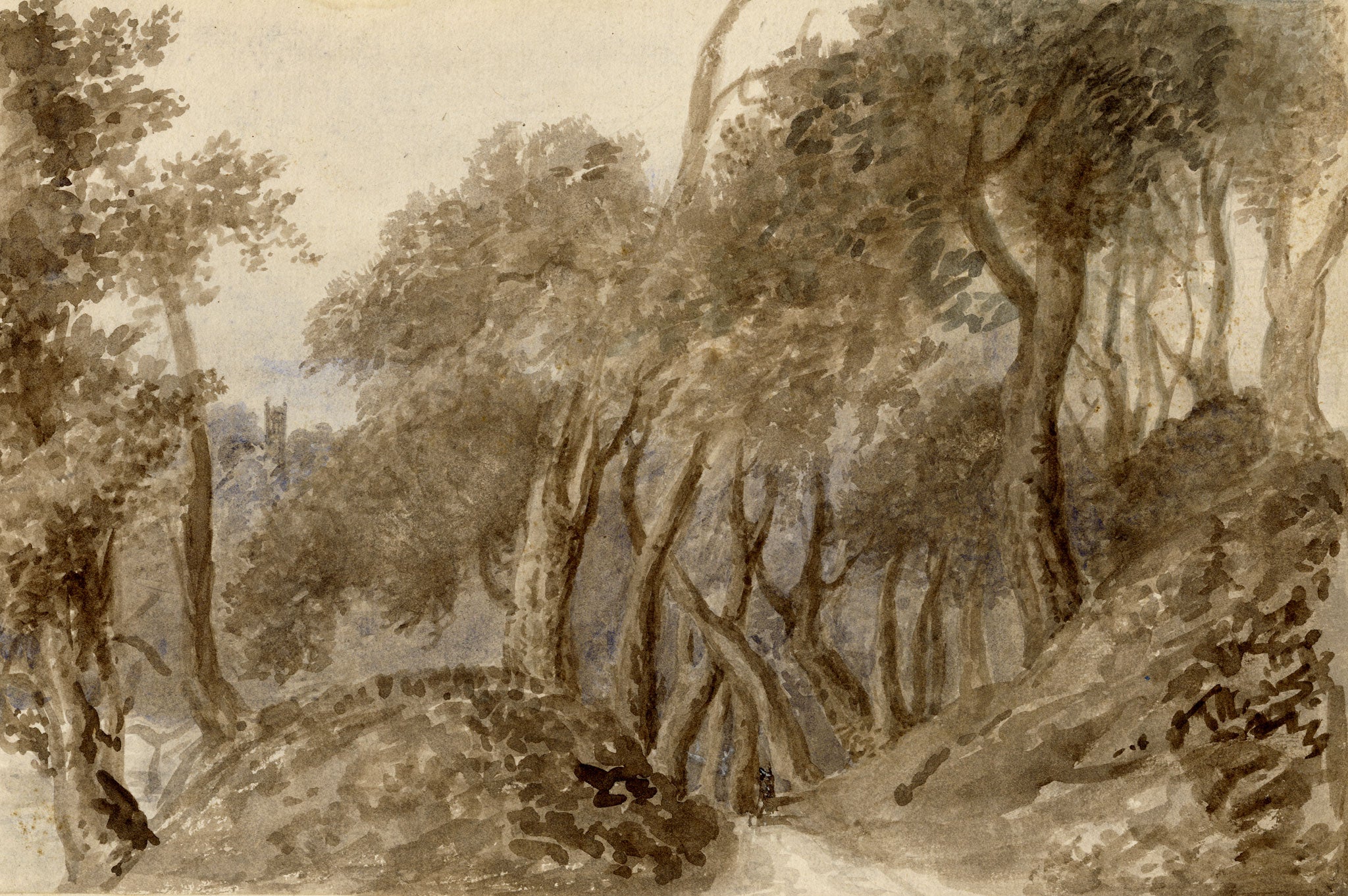 Mary Ann J. Thynne, The Old Wood at Dalkeith & the Church from the Walk, Midlothian, Scotland – 1837 watercolour painting