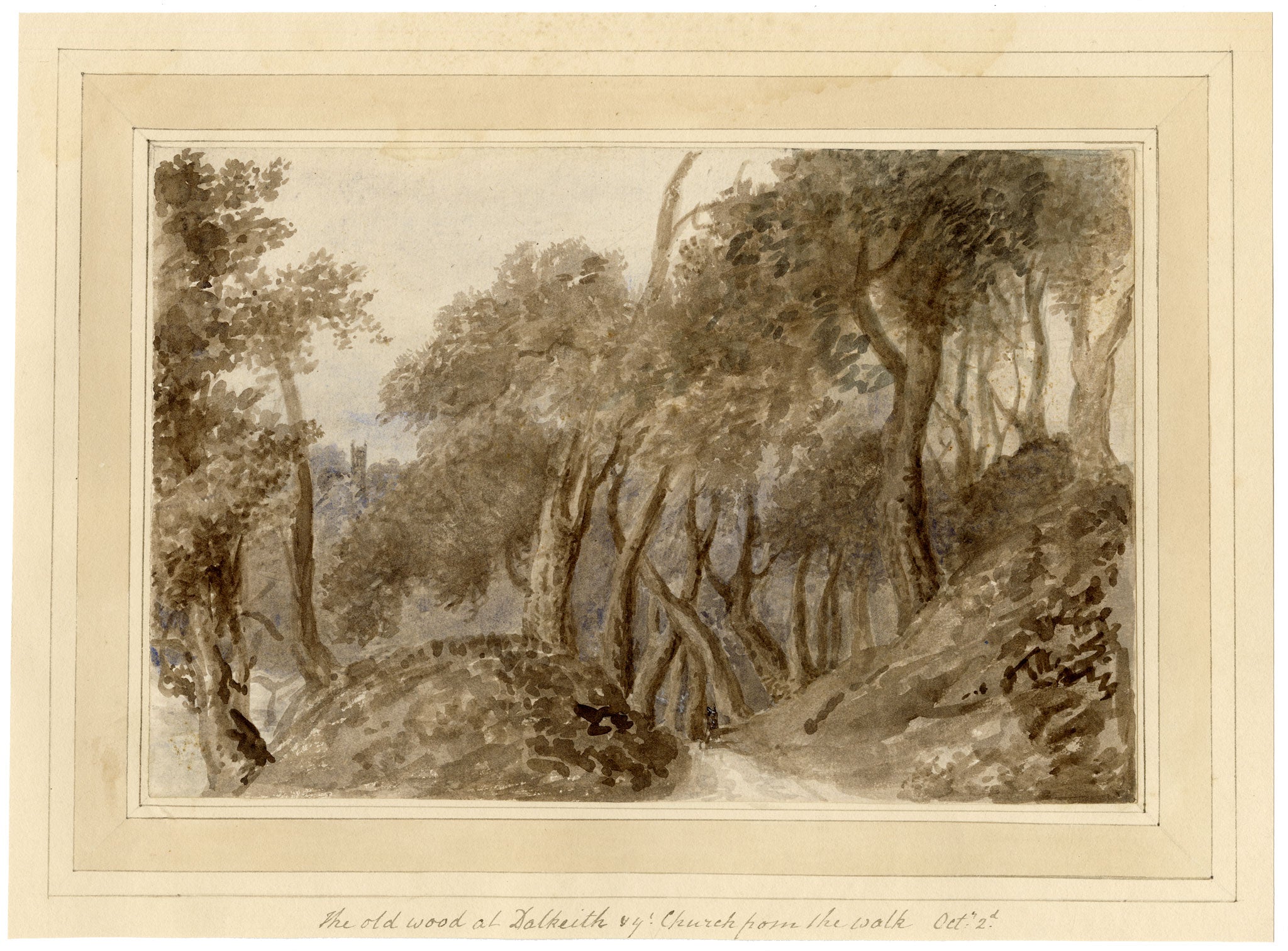 Mary Ann J. Thynne, The Old Wood at Dalkeith & the Church from the Walk, Midlothian, Scotland – 1837 watercolour painting