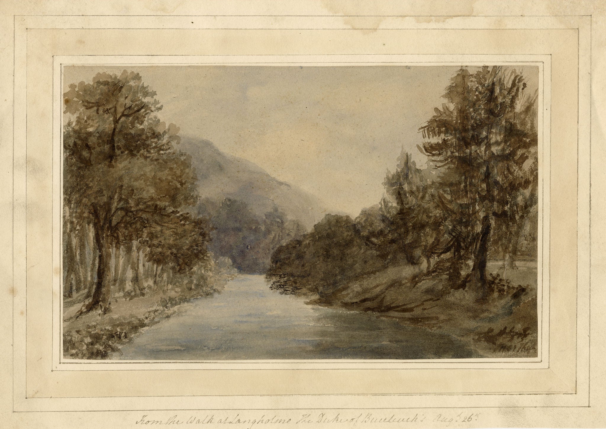 Mary Ann J. Thynne, From the Walk at Langholm, The Duke of Buccleuch's, Scottish Borders, Scotland – 1837 watercolour painting