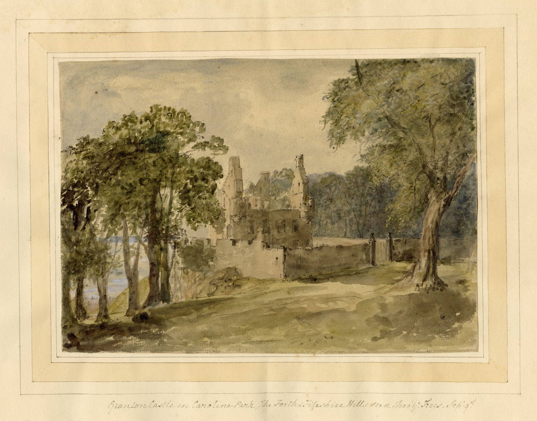 Mary Ann J. Thynne, Granton Castle in Caroline Park, Edinburgh, Scotland – 1837 watercolour painting