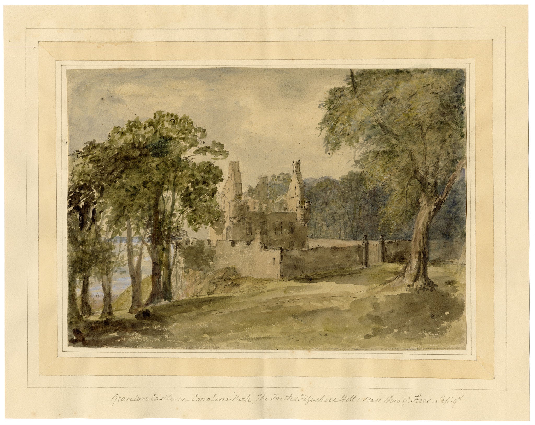 Mary Ann J. Thynne, Granton Castle in Caroline Park, Edinburgh, Scotland – 1837 watercolour painting