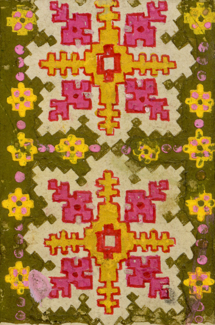 Anon., Antique French Textile Design: Miniature Aztec Jacquard – 1880s gouache painting