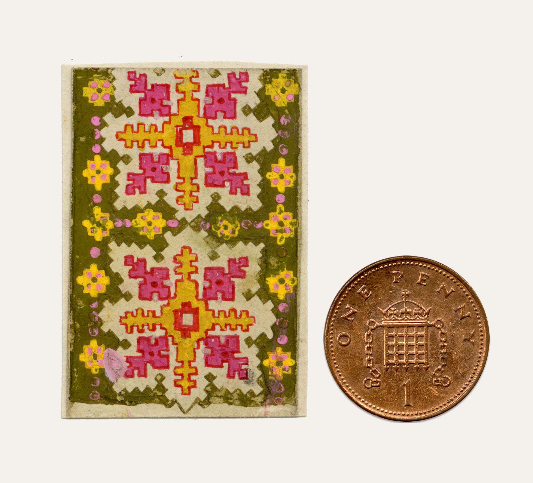 Anon., Antique French Textile Design: Miniature Aztec Jacquard – 1880s gouache painting