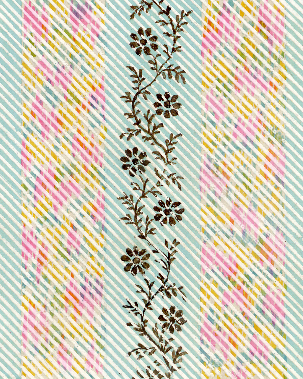 Anon., Antique French Textile Design: Miniature Rainbow Floral – 1880s gouache painting