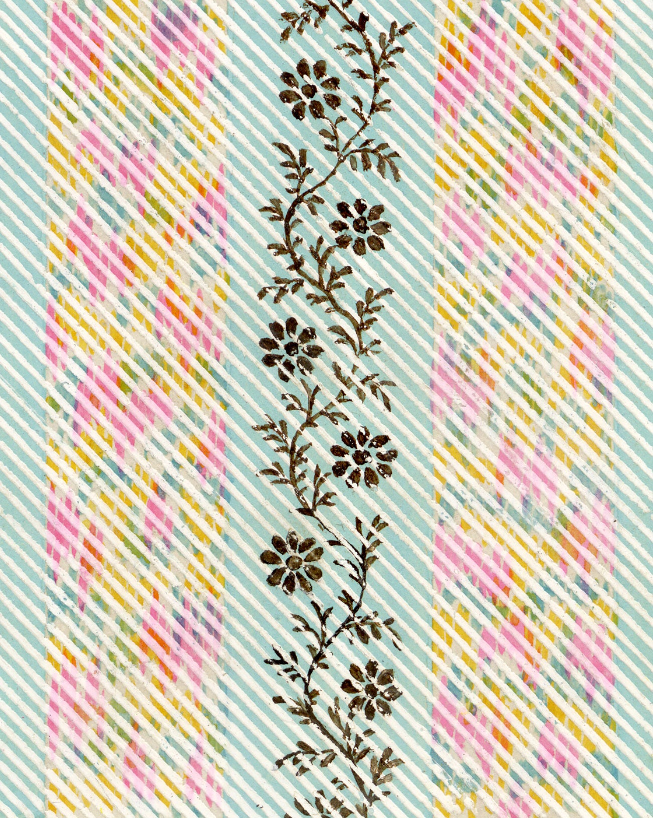 Anon., Antique French Textile Design: Miniature Rainbow Floral – 1880s gouache painting