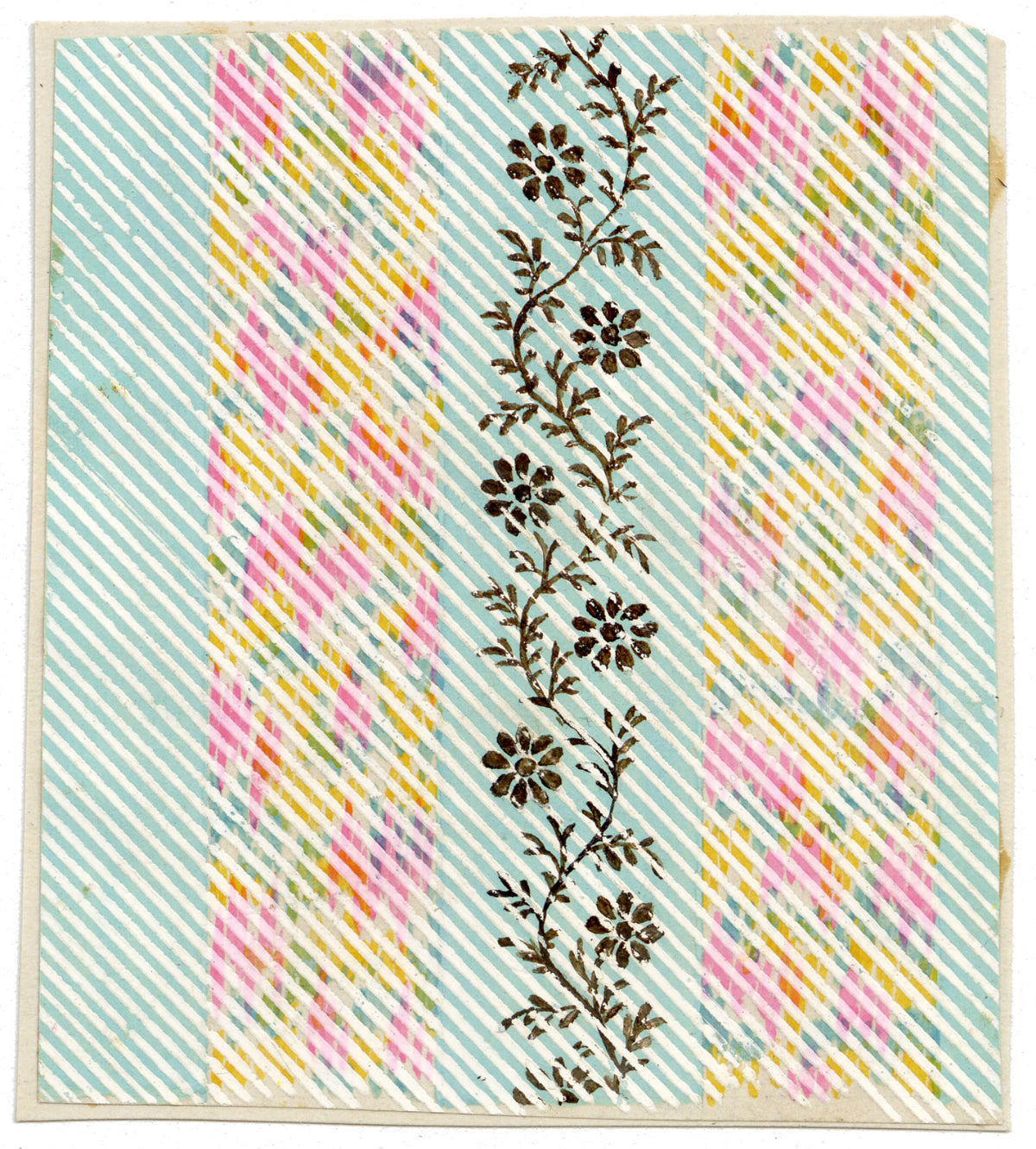Anon., Antique French Textile Design: Miniature Rainbow Floral – 1880s gouache painting