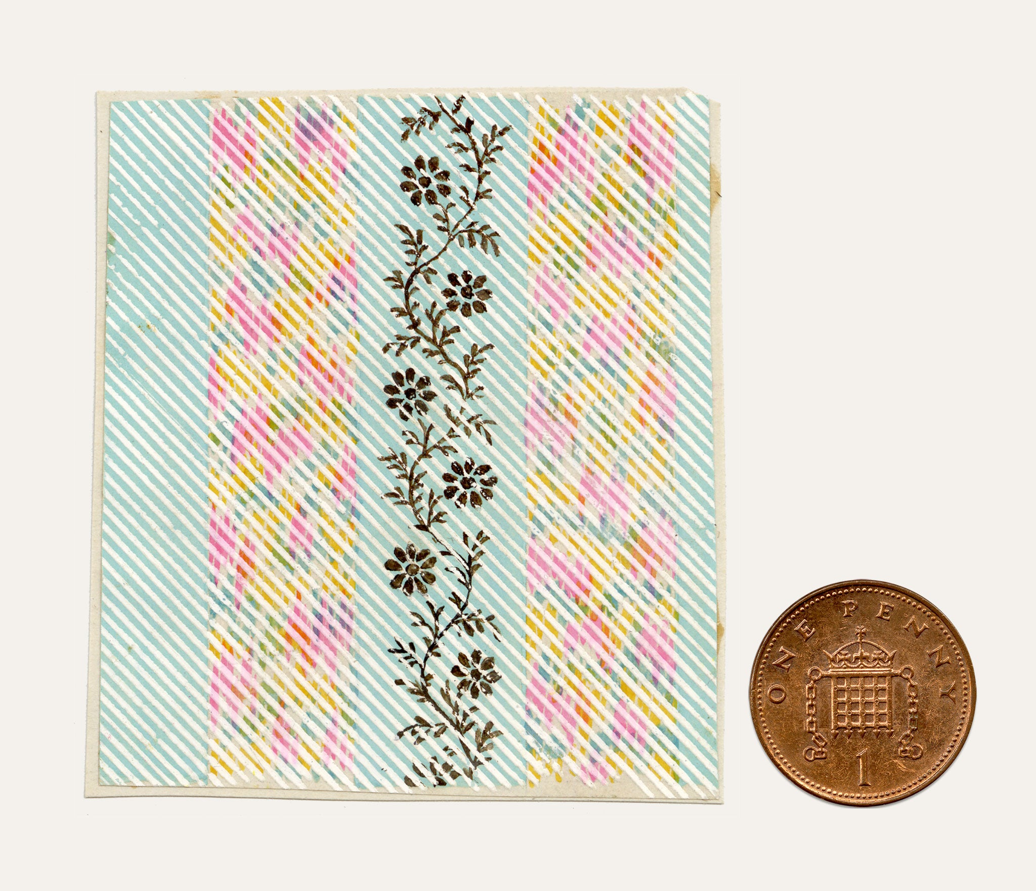 Anon., Antique French Textile Design: Miniature Rainbow Floral – 1880s gouache painting
