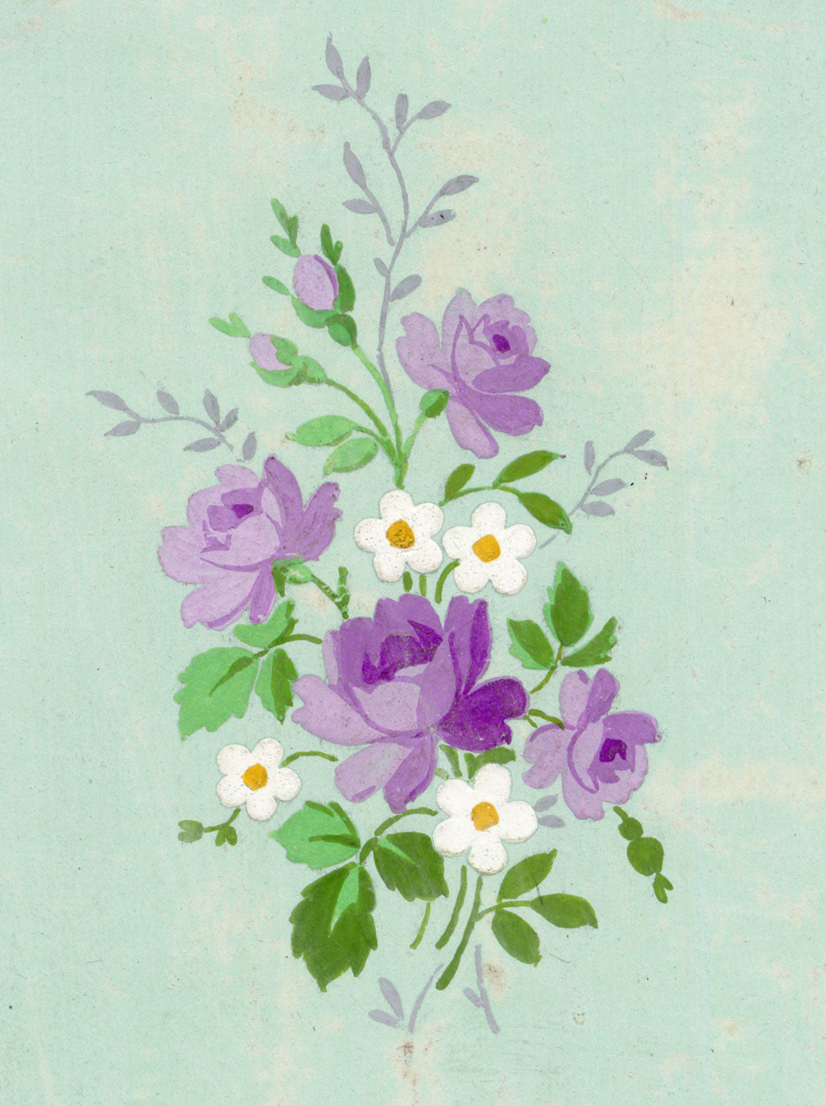 Anon., Antique French Textile Design: Miniature Purple Rose – 1880s gouache painting