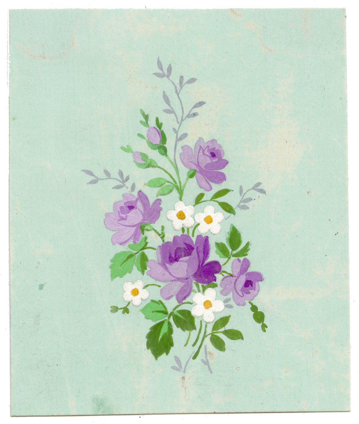 Anon., Antique French Textile Design: Miniature Purple Rose – 1880s gouache painting