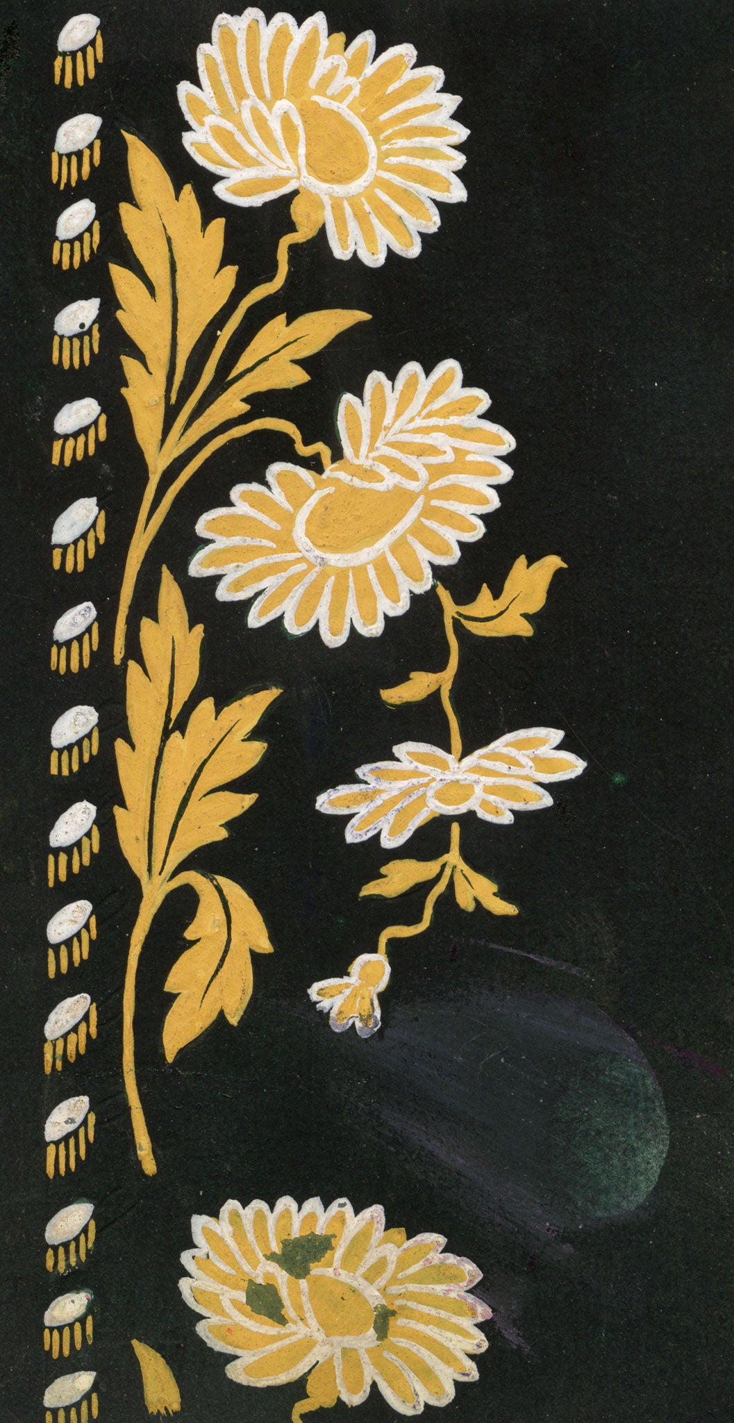 Anon., Antique French Textile Design: Miniature Chrysanthemum on Black – 1880s gouache painting