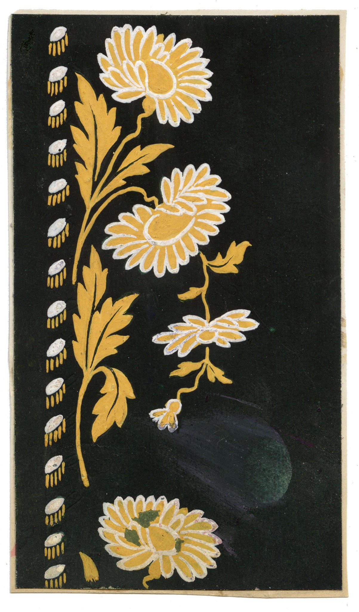 Anon., Antique French Textile Design: Miniature Chrysanthemum on Black – 1880s gouache painting
