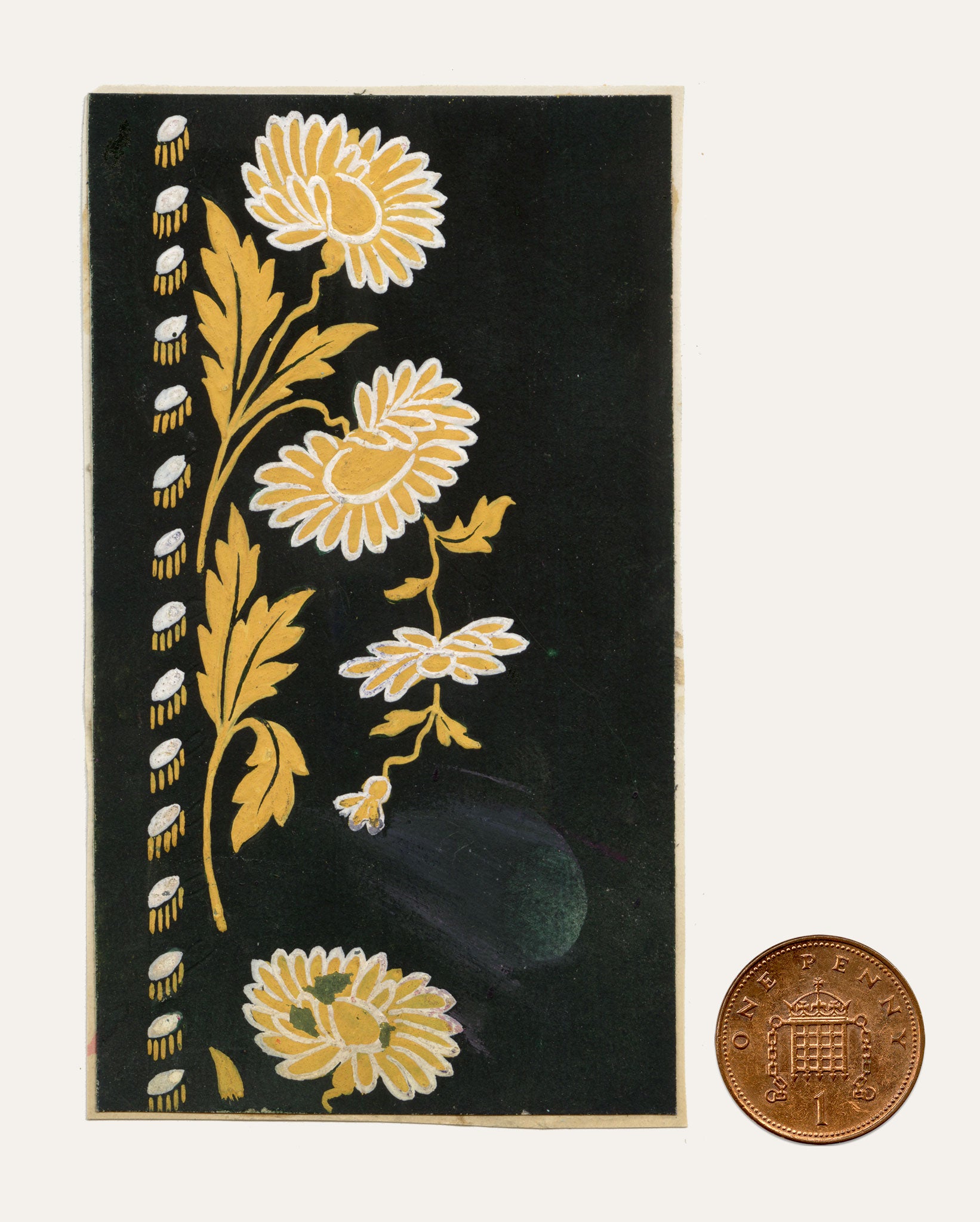 Anon., Antique French Textile Design: Miniature Chrysanthemum on Black – 1880s gouache painting