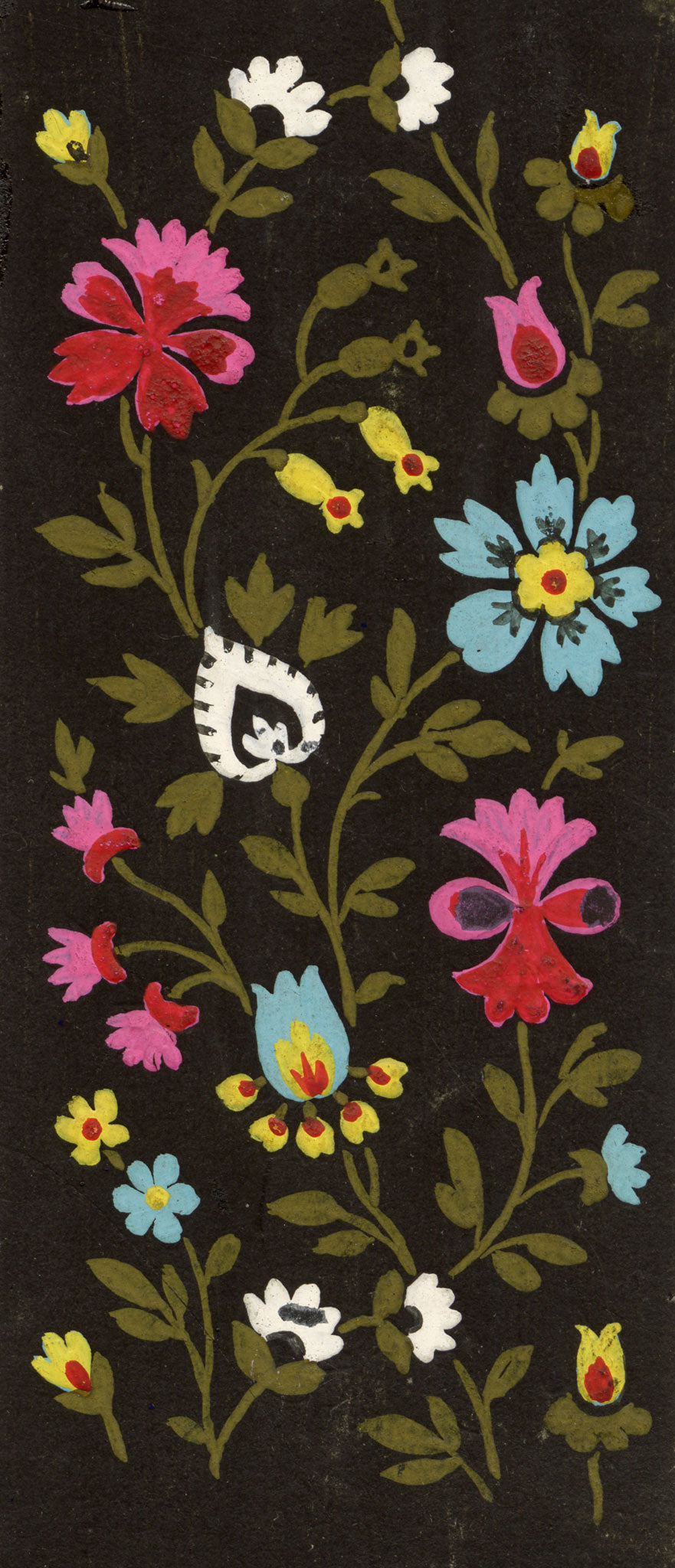 Anon., Antique French Textile Design: Miniature Floral on Black – 1880s gouache painting