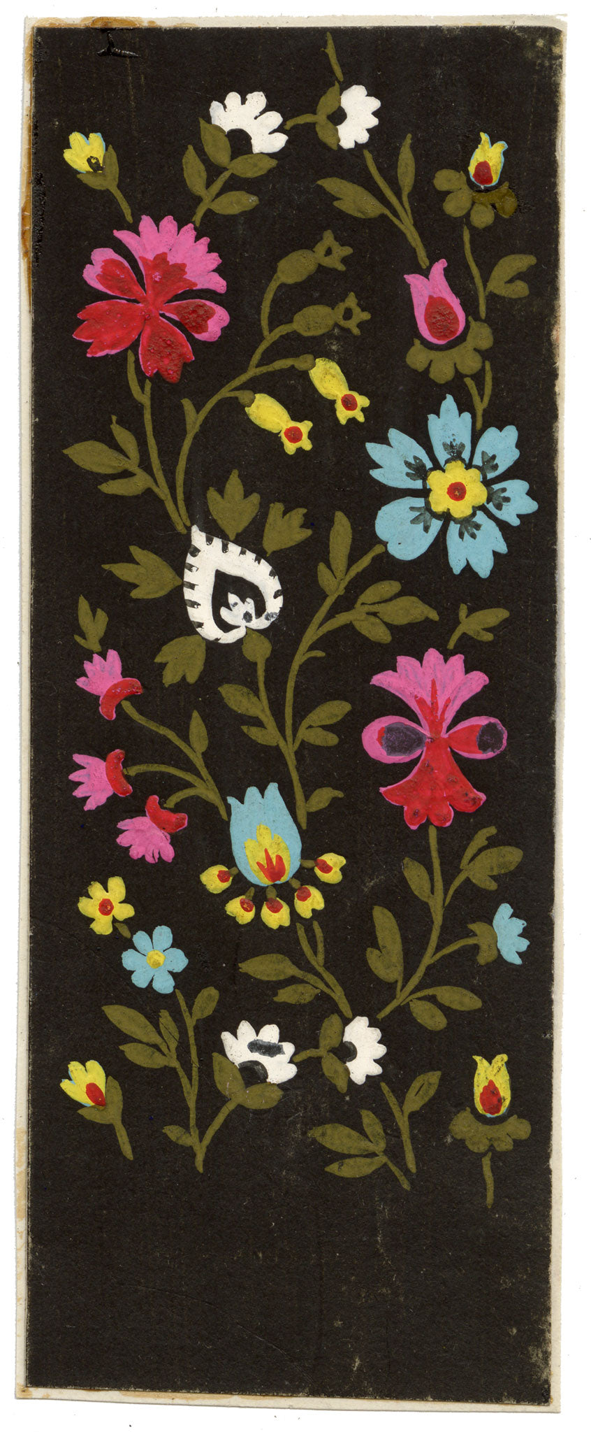 Anon., Antique French Textile Design: Miniature Floral on Black – 1880s gouache painting