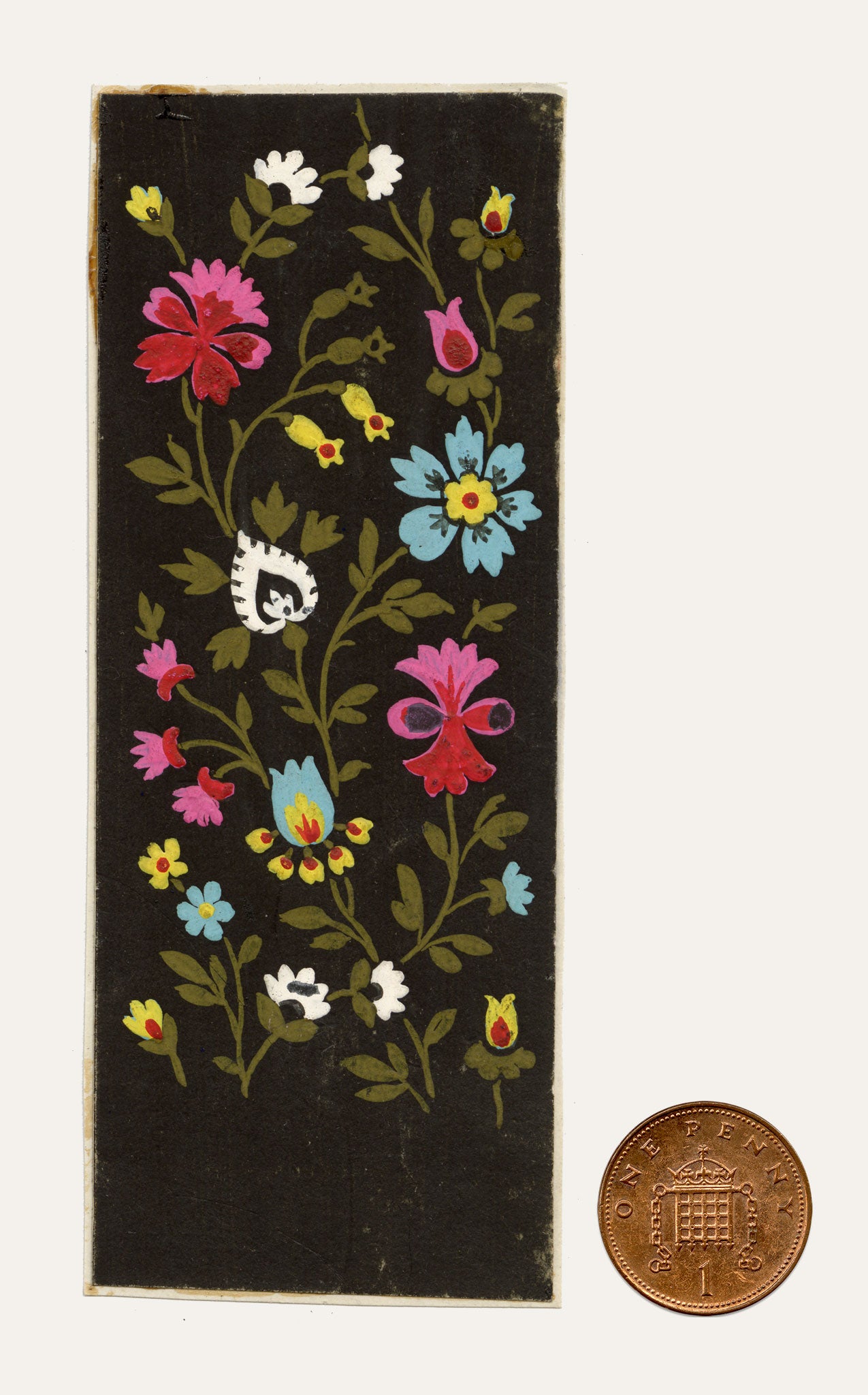 Anon., Antique French Textile Design: Miniature Floral on Black – 1880s gouache painting