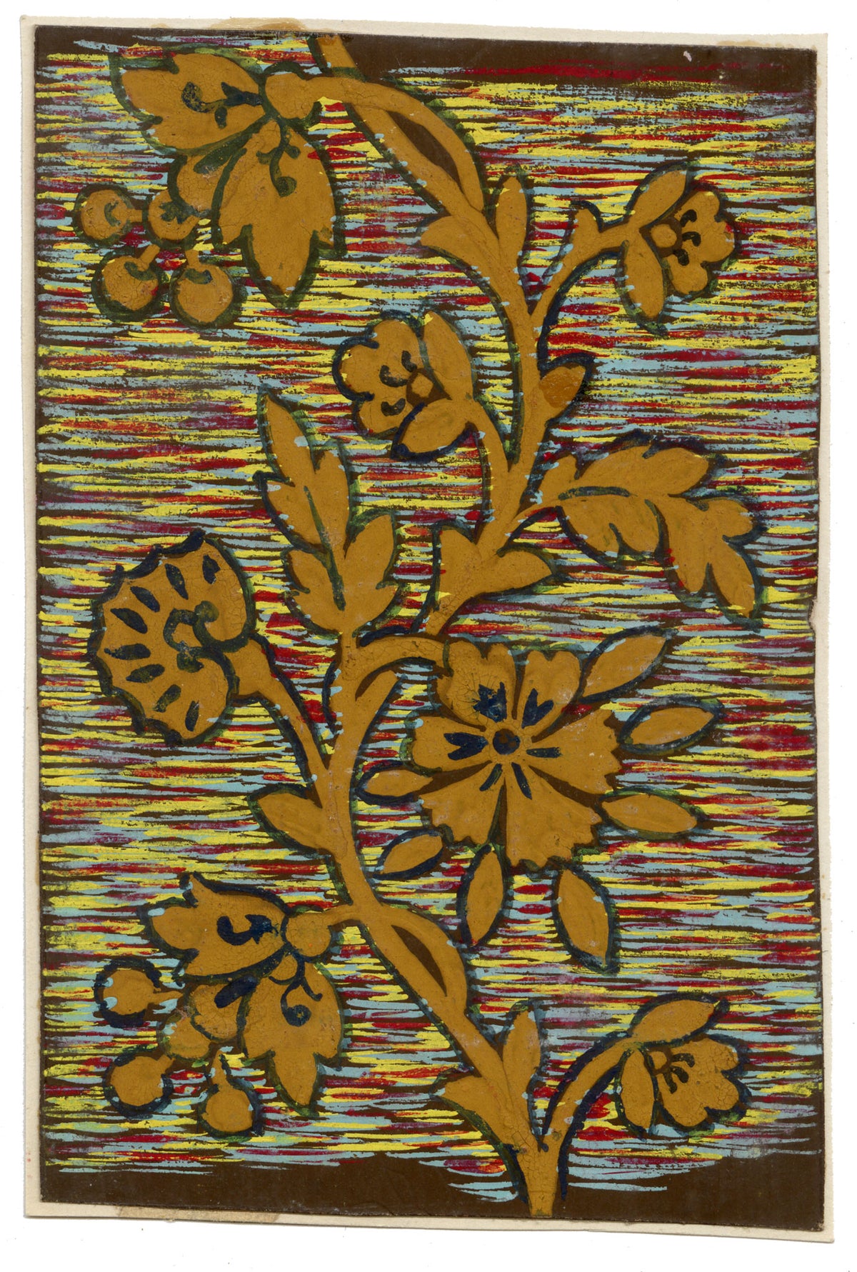 Anon., Antique French Textile Design: Miniature Rainbow Arabesque – 1880s gouache painting