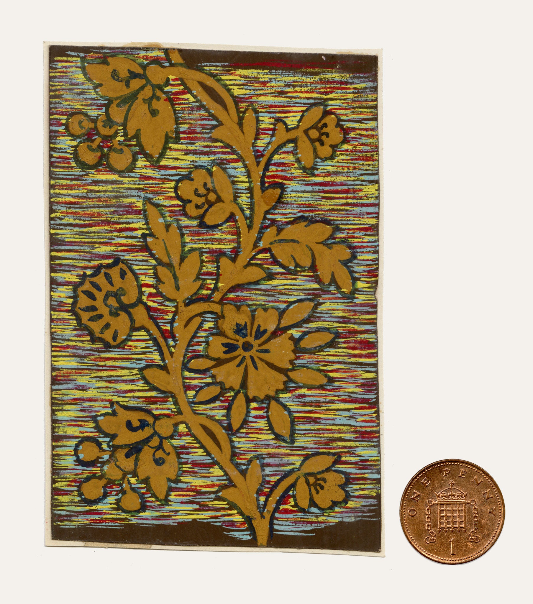 Anon., Antique French Textile Design: Miniature Rainbow Arabesque – 1880s gouache painting