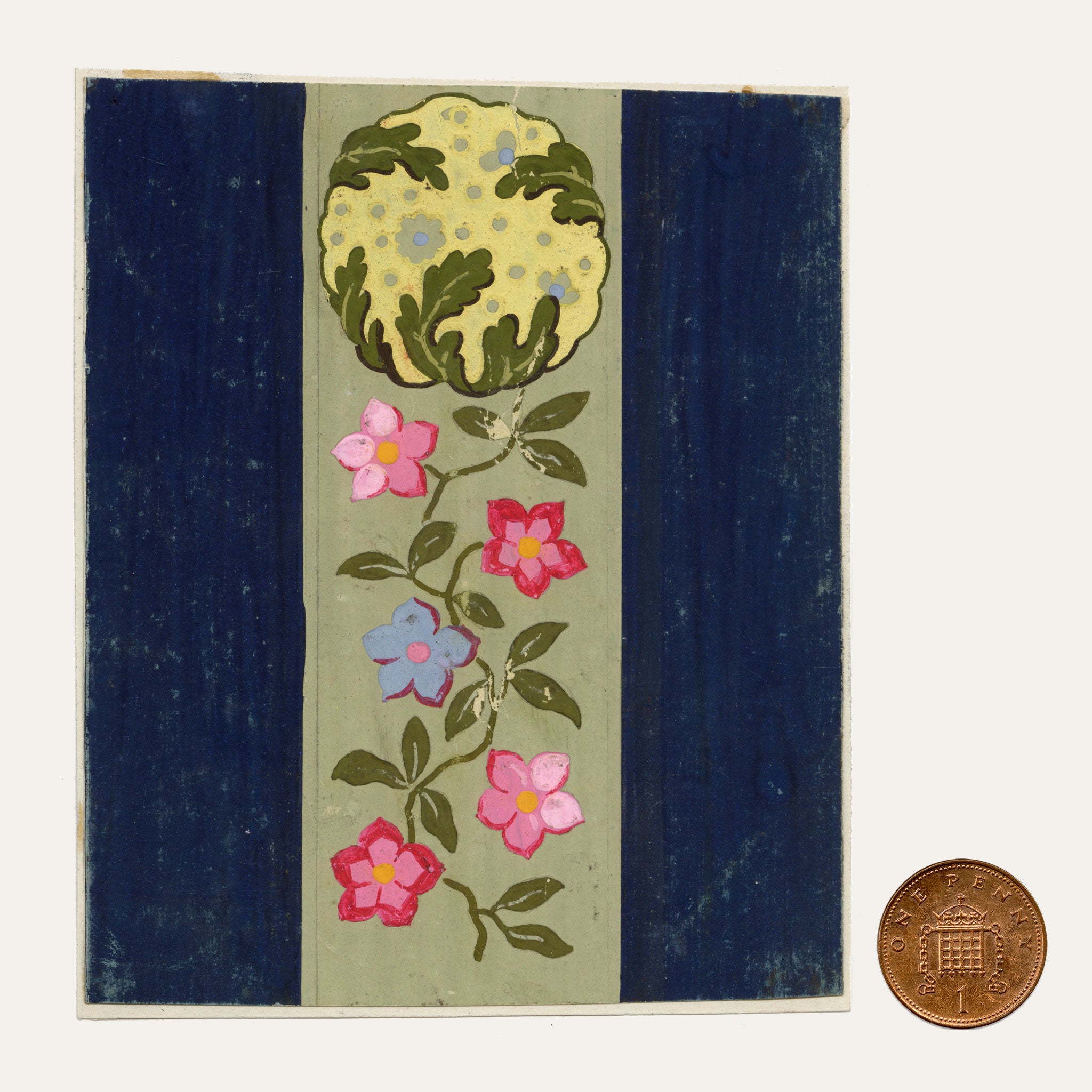 Anon., Antique French Textile Design: Miniature Floral Stripe – 1880s gouache painting