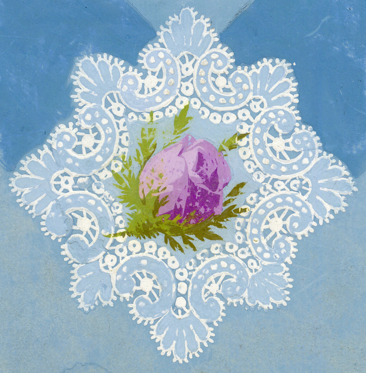 Anon., Antique French Textile Design: Miniature Rose Chantilly Lace – 1880s gouache painting