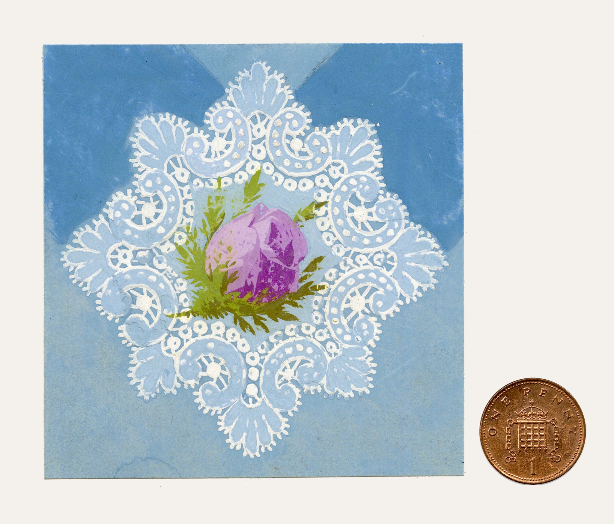 Anon., Antique French Textile Design: Miniature Rose Chantilly Lace – 1880s gouache painting
