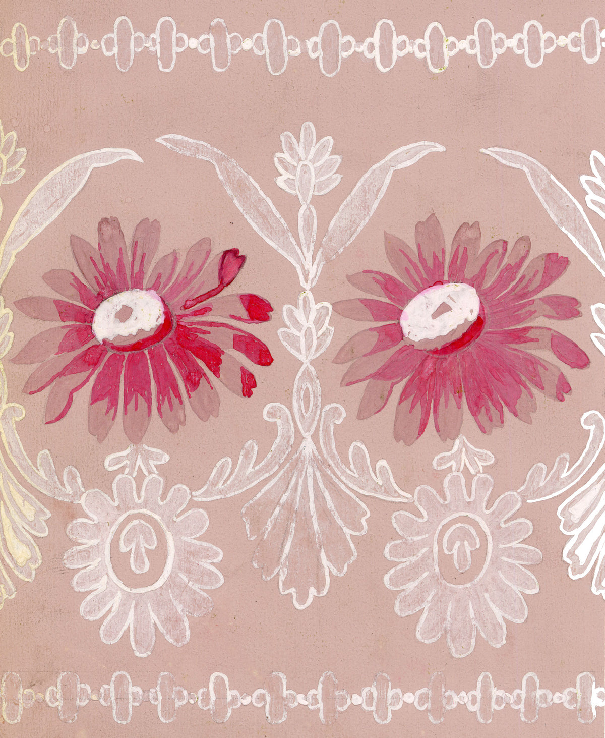 Anon., Antique French Textile Design: Pink Daisy Lace – 1880s gouache painting