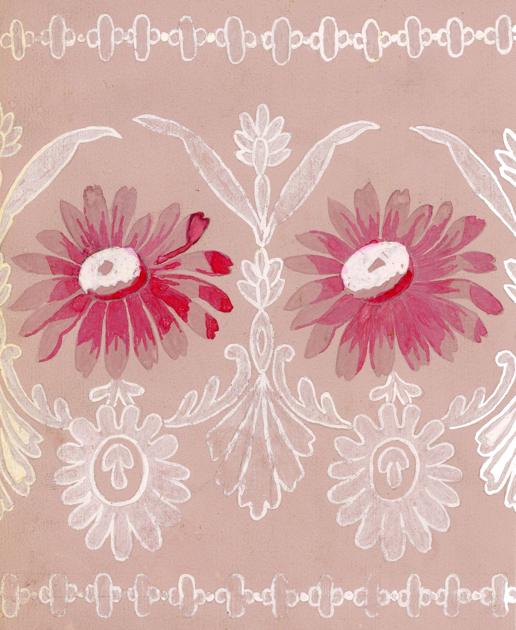 Anon., Antique French Textile Design: Pink Daisy Lace – 1880s gouache painting