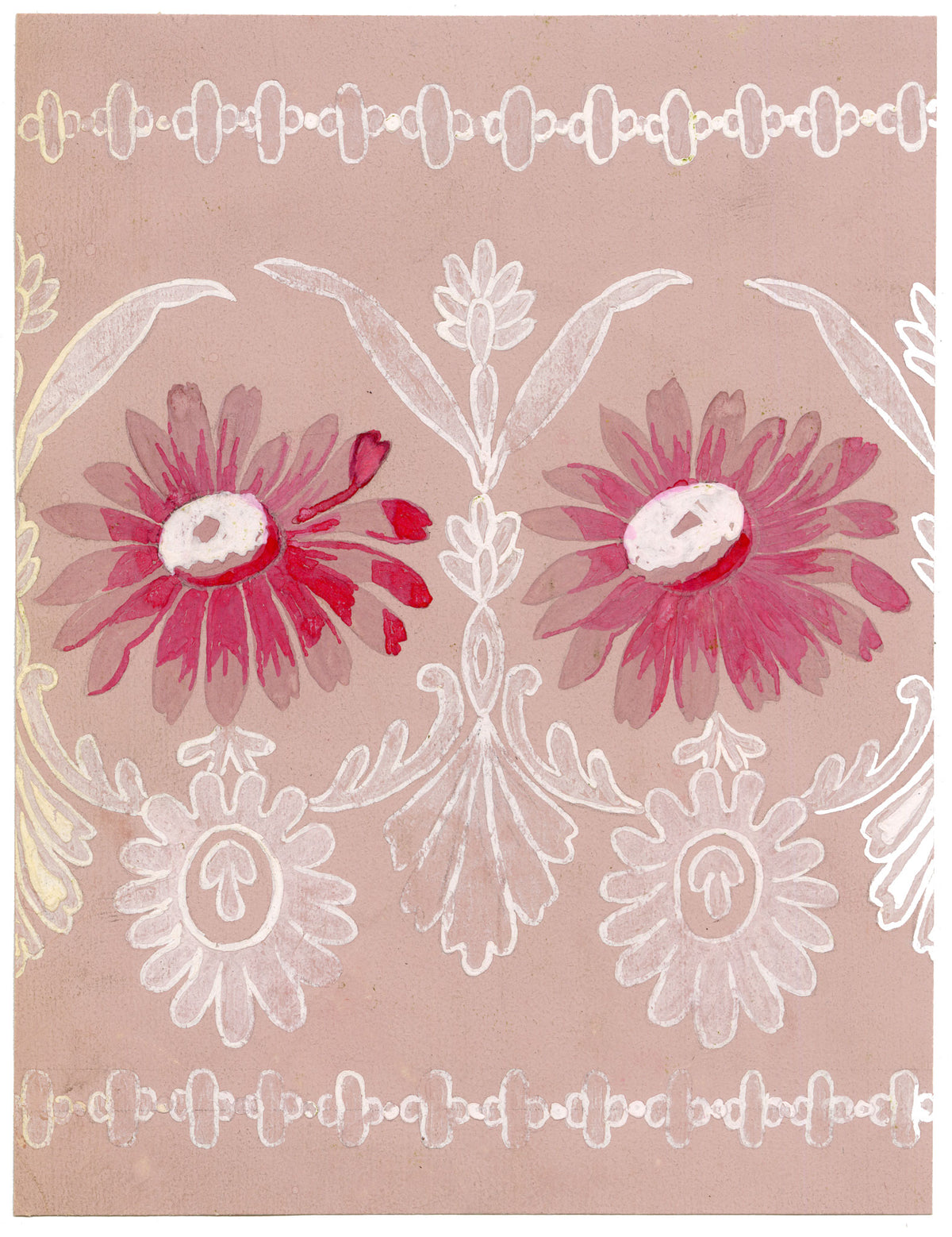 Anon., Antique French Textile Design: Pink Daisy Lace – 1880s gouache painting