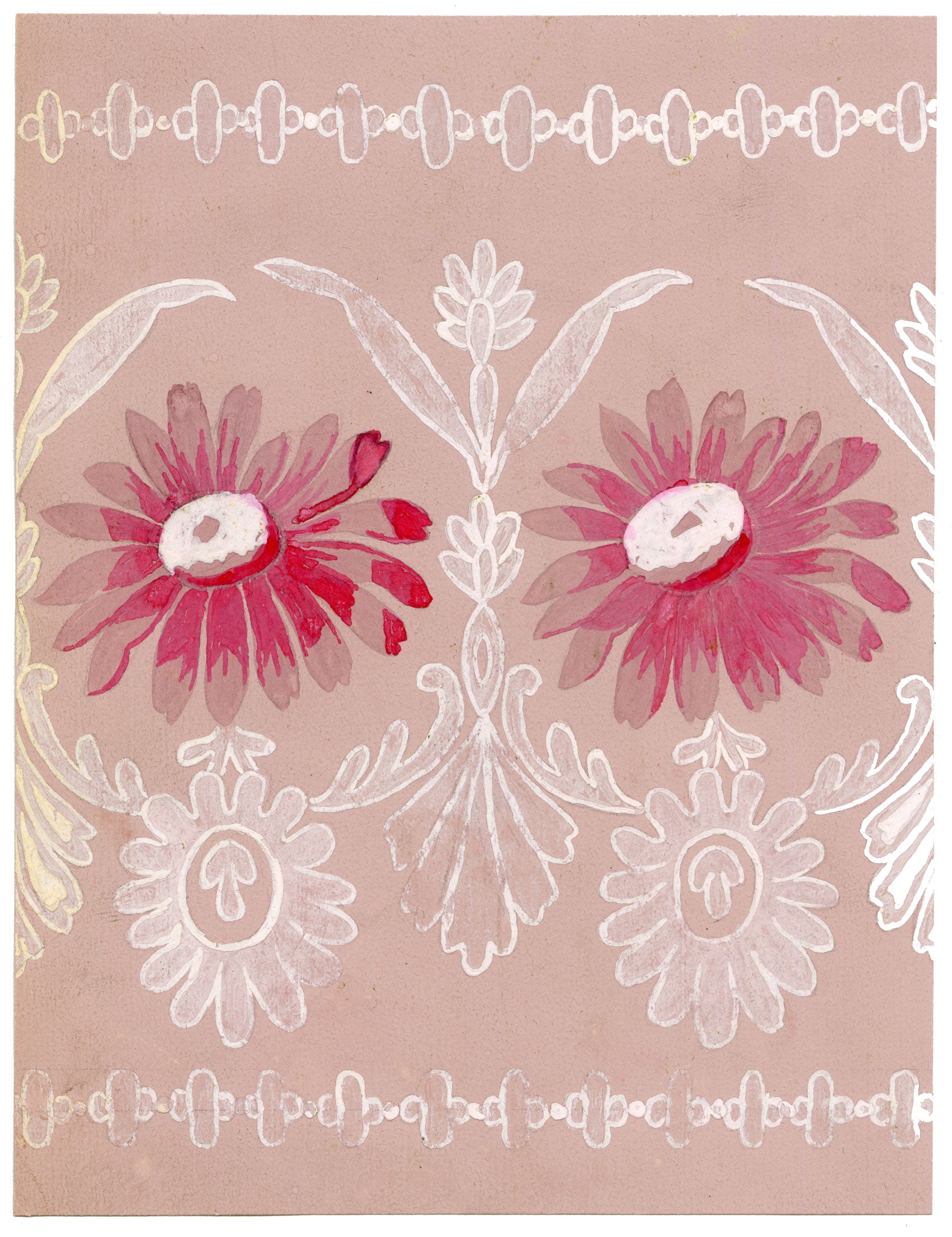 Anon., Antique French Textile Design: Pink Daisy Lace – 1880s gouache painting