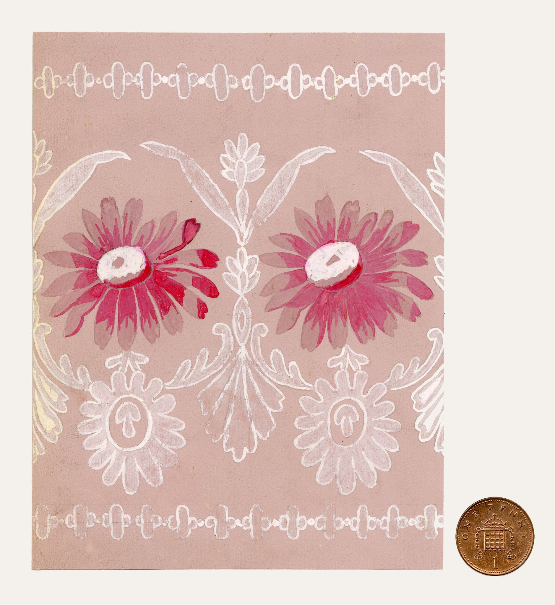 Anon., Antique French Textile Design: Pink Daisy Lace – 1880s gouache painting