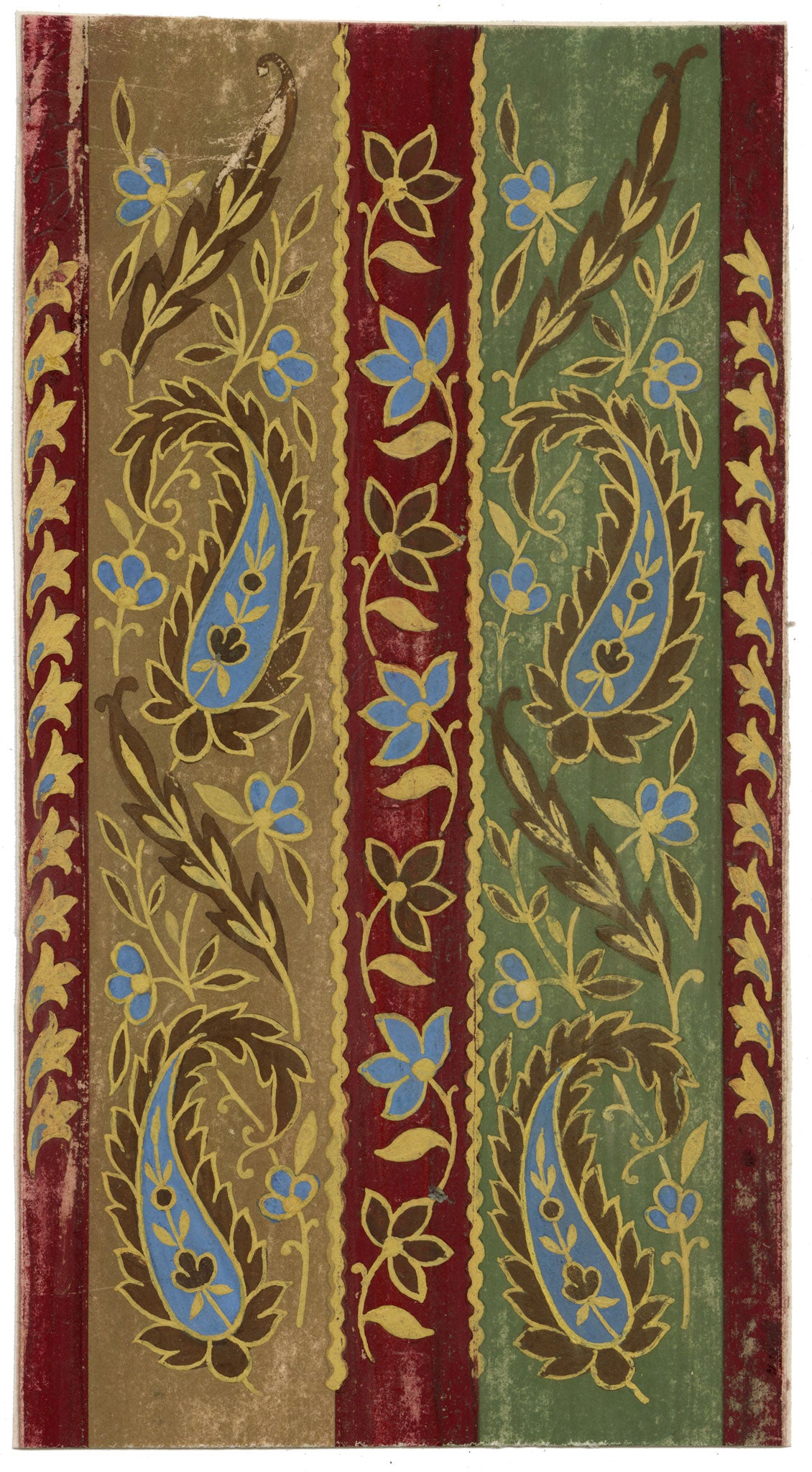 Anon., Antique French Textile Design: Indian Mughal Paisley Stripe – 1880s gouache painting