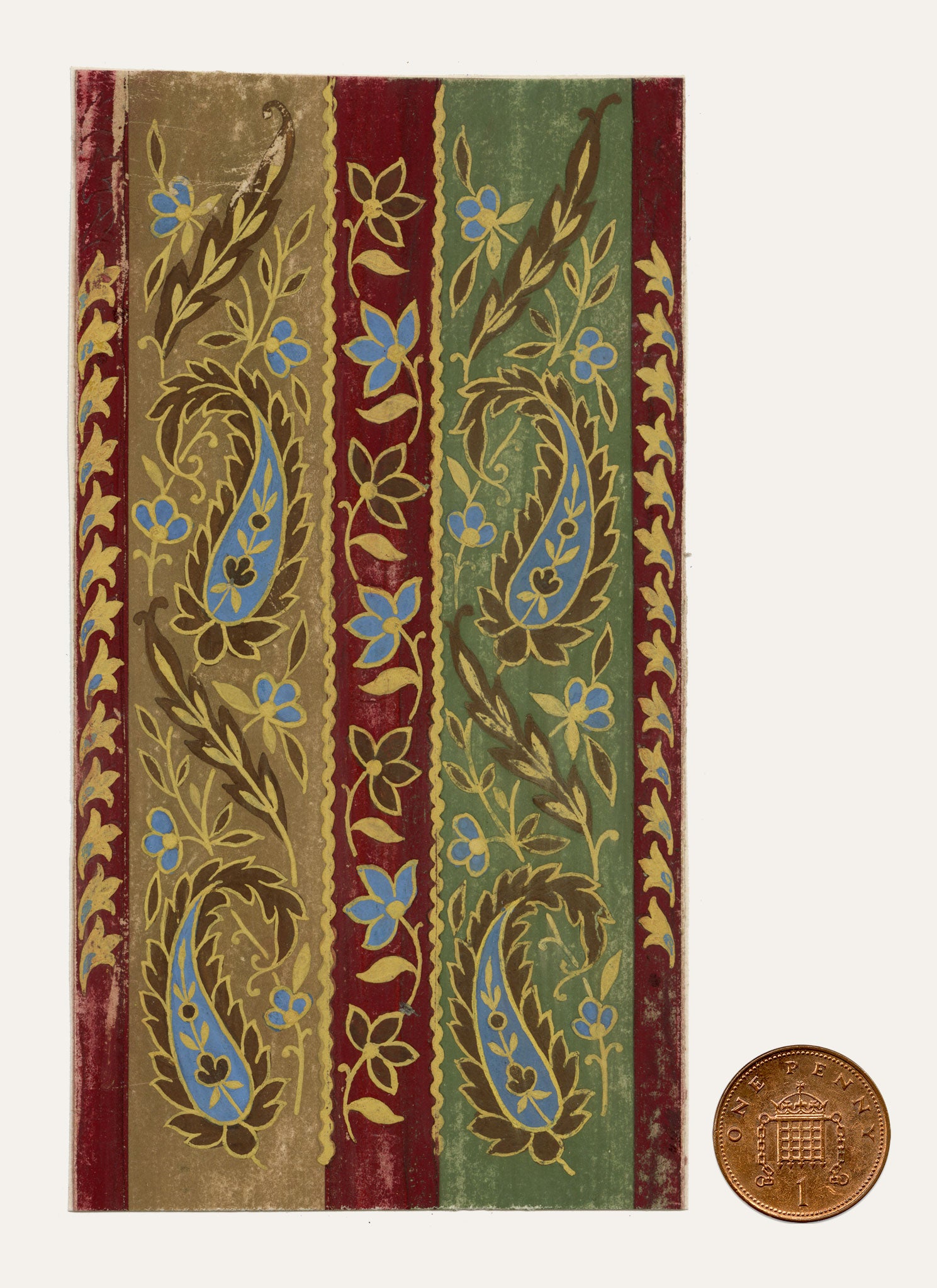 Anon., Antique French Textile Design: Indian Mughal Paisley Stripe – 1880s gouache painting