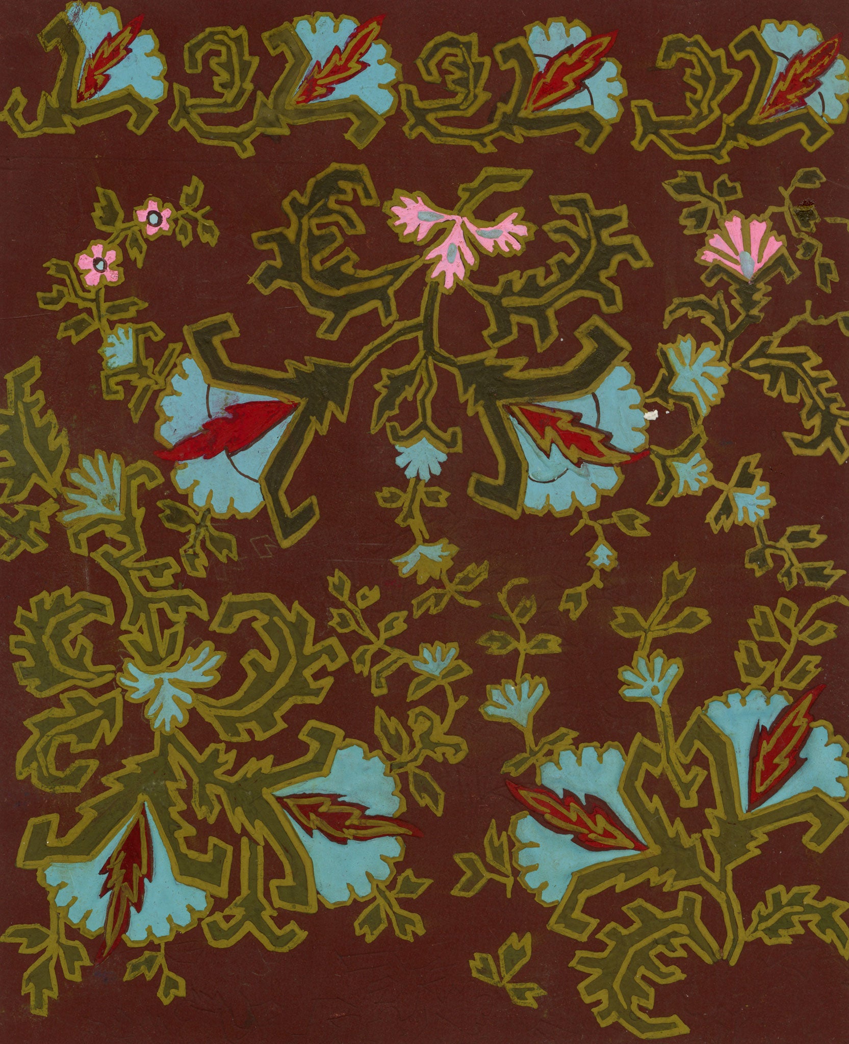 Anon., Antique French Textile Design: Indian Floral Jacquard – 1880s gouache painting